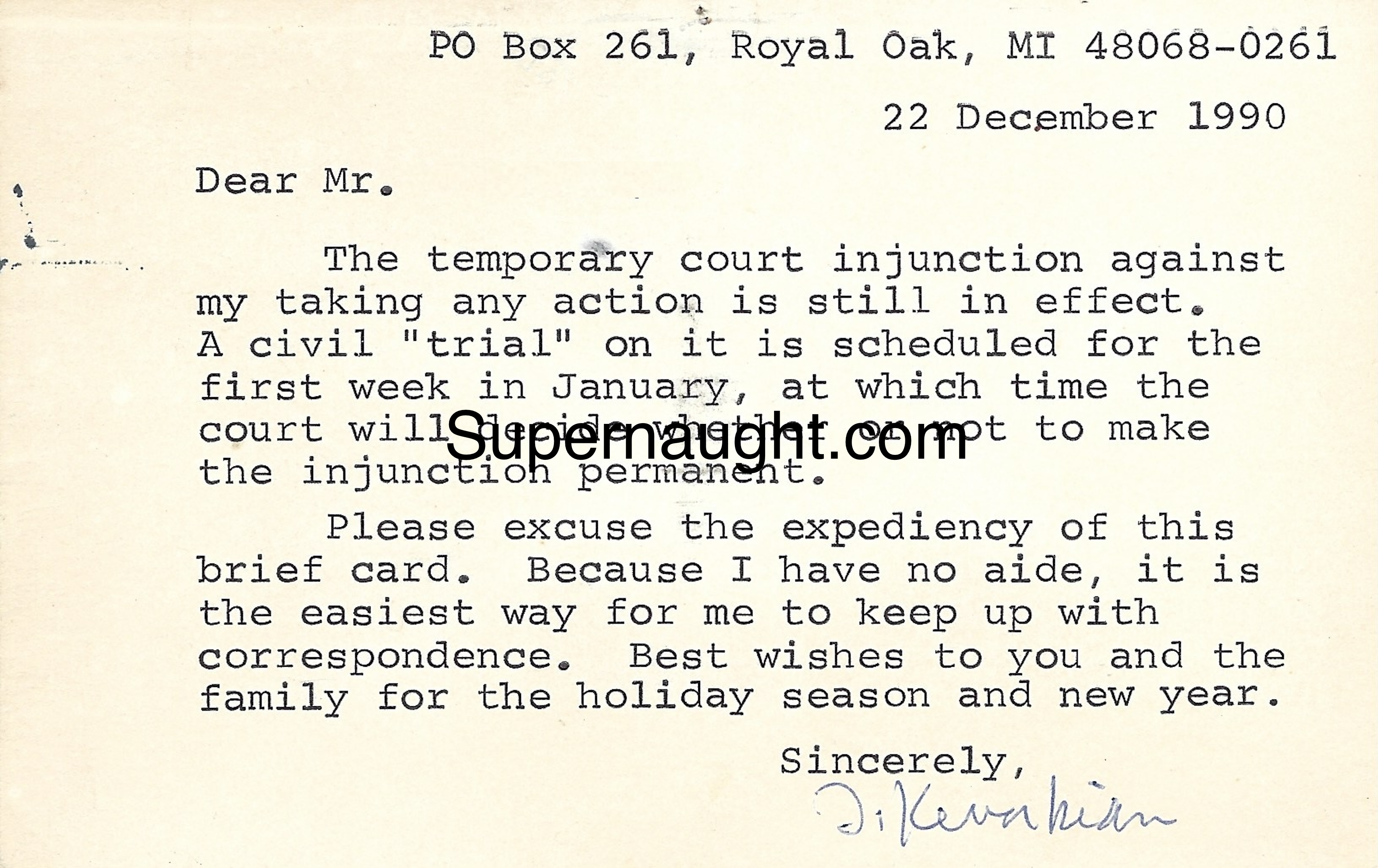Jack Kevorkian Signed 1990 Postcard