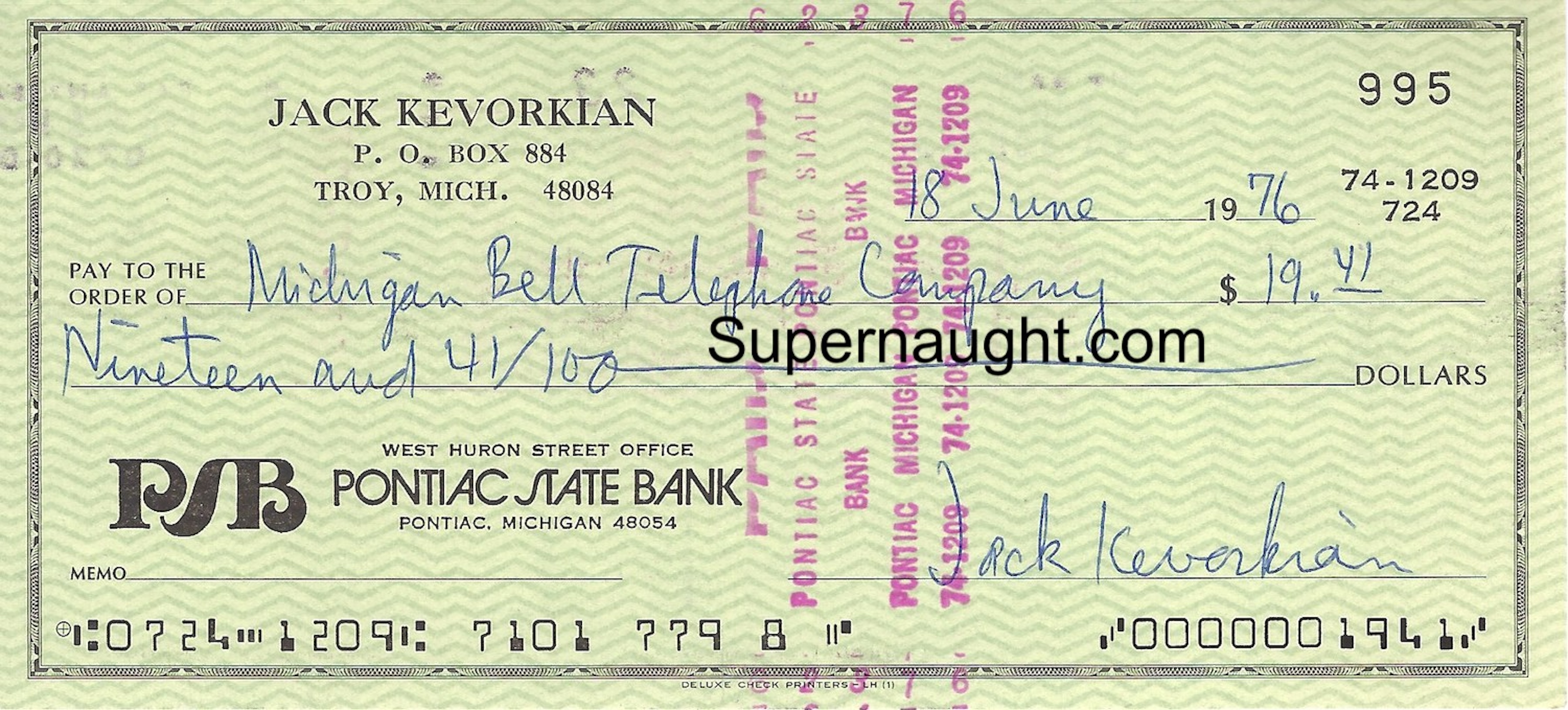 Jack Kevorkian Signed Check 1976
