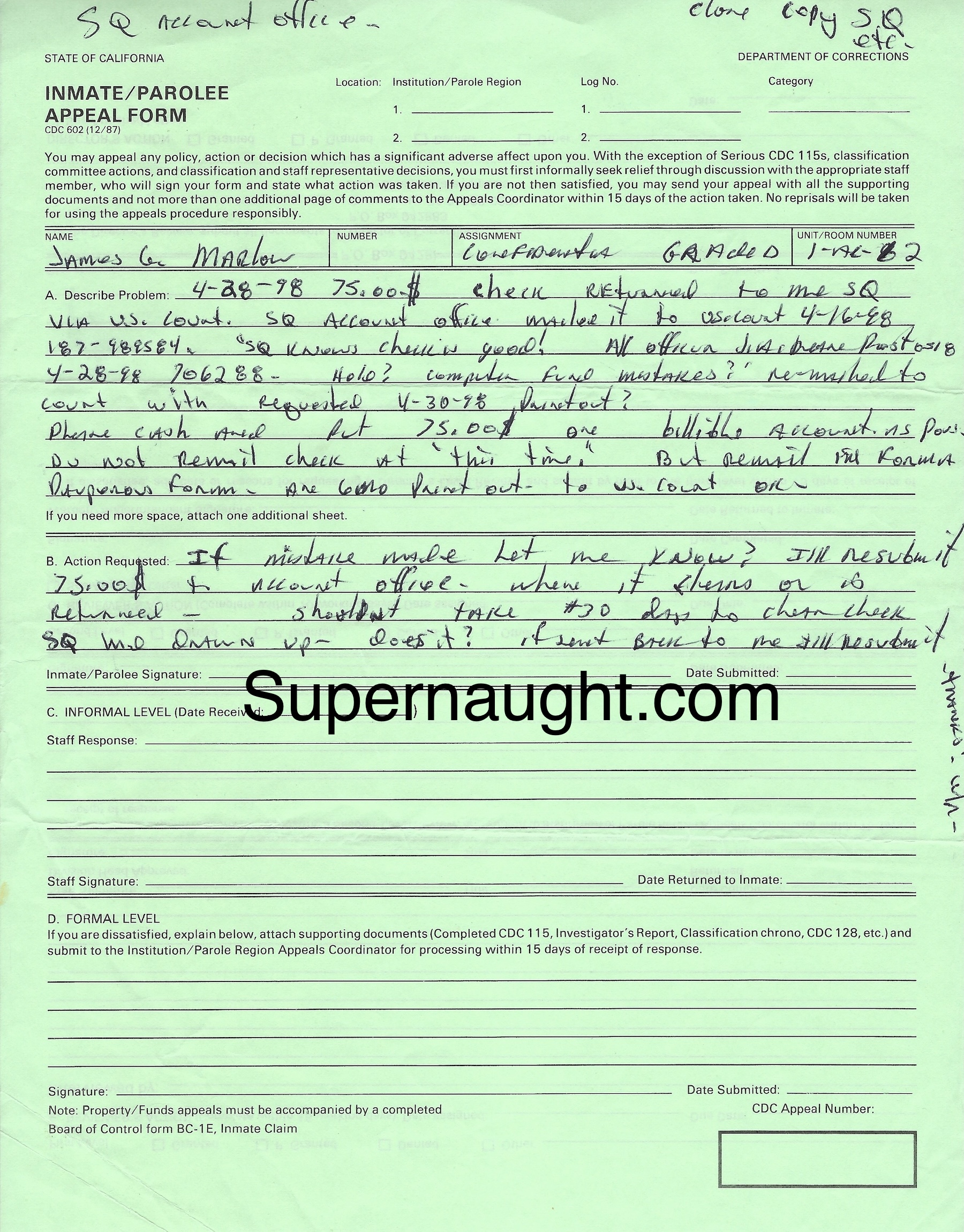 James Marlow Inmate Appeal Signed