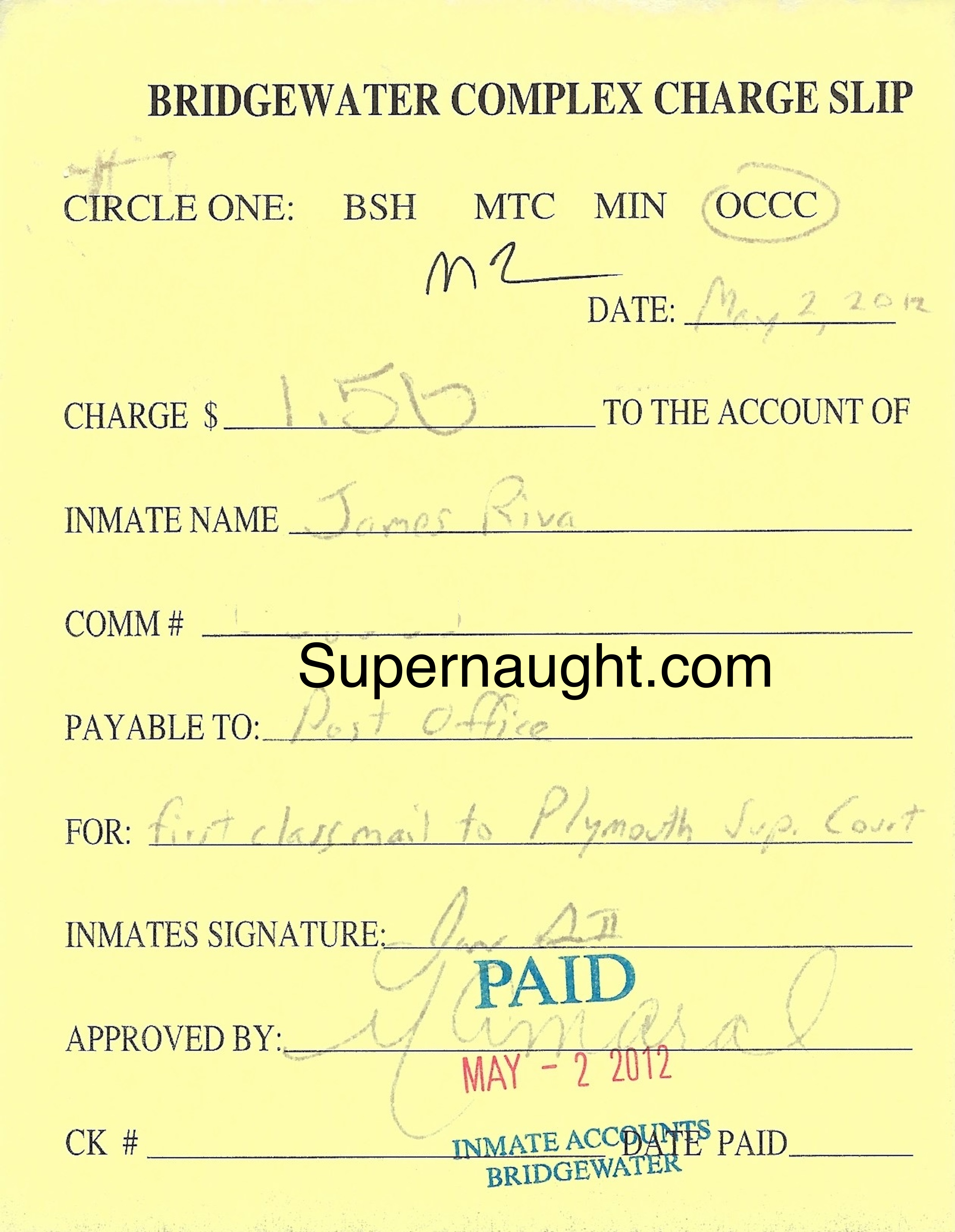 James Riva Paid Charge Slip 2012