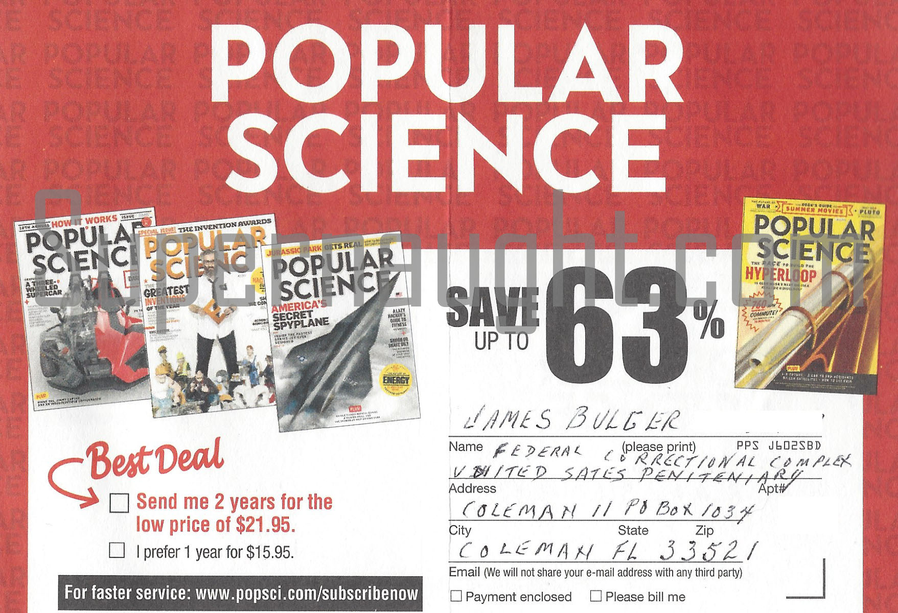 James Whitey Bulger Popular Science Card Signed