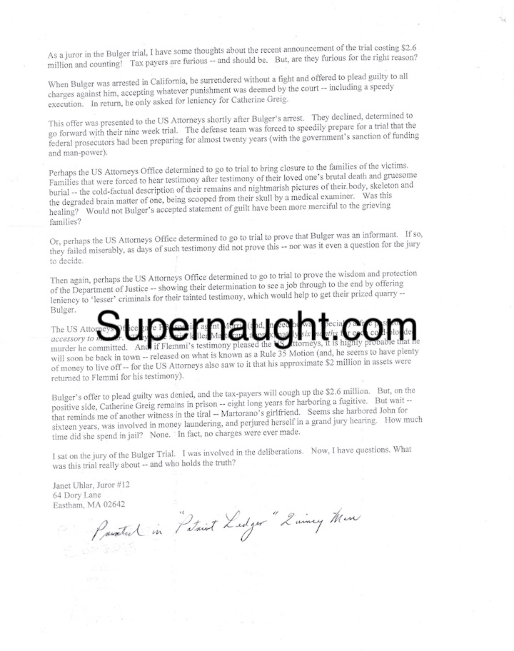 James Whitey Bulger Signed Envelope with Juror Thoughts
