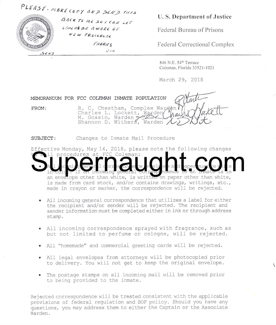 James Whitey Bulger Signed Prison Memo