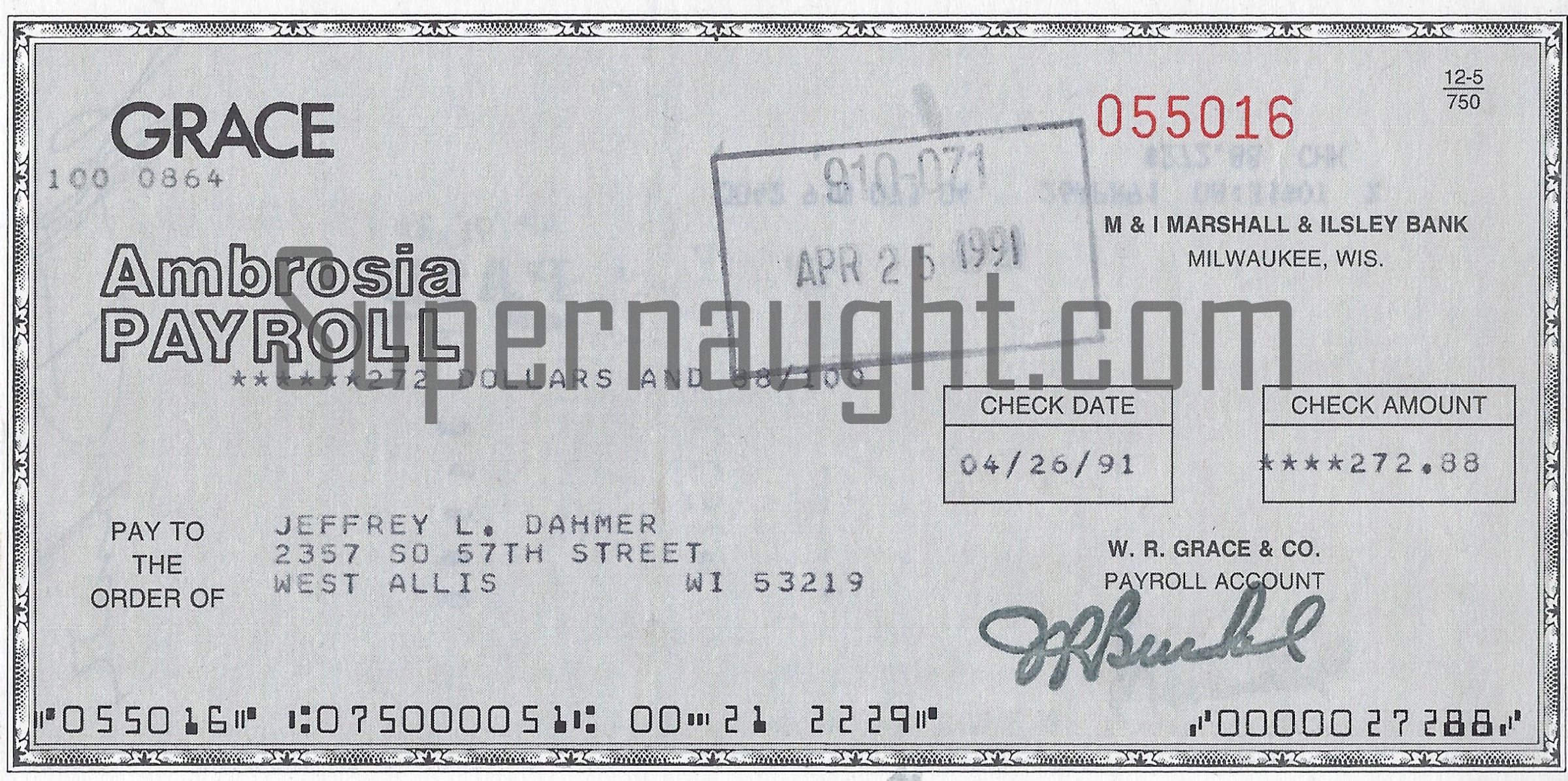 Jeffrey Dahmer Autographed Ambrosia Check