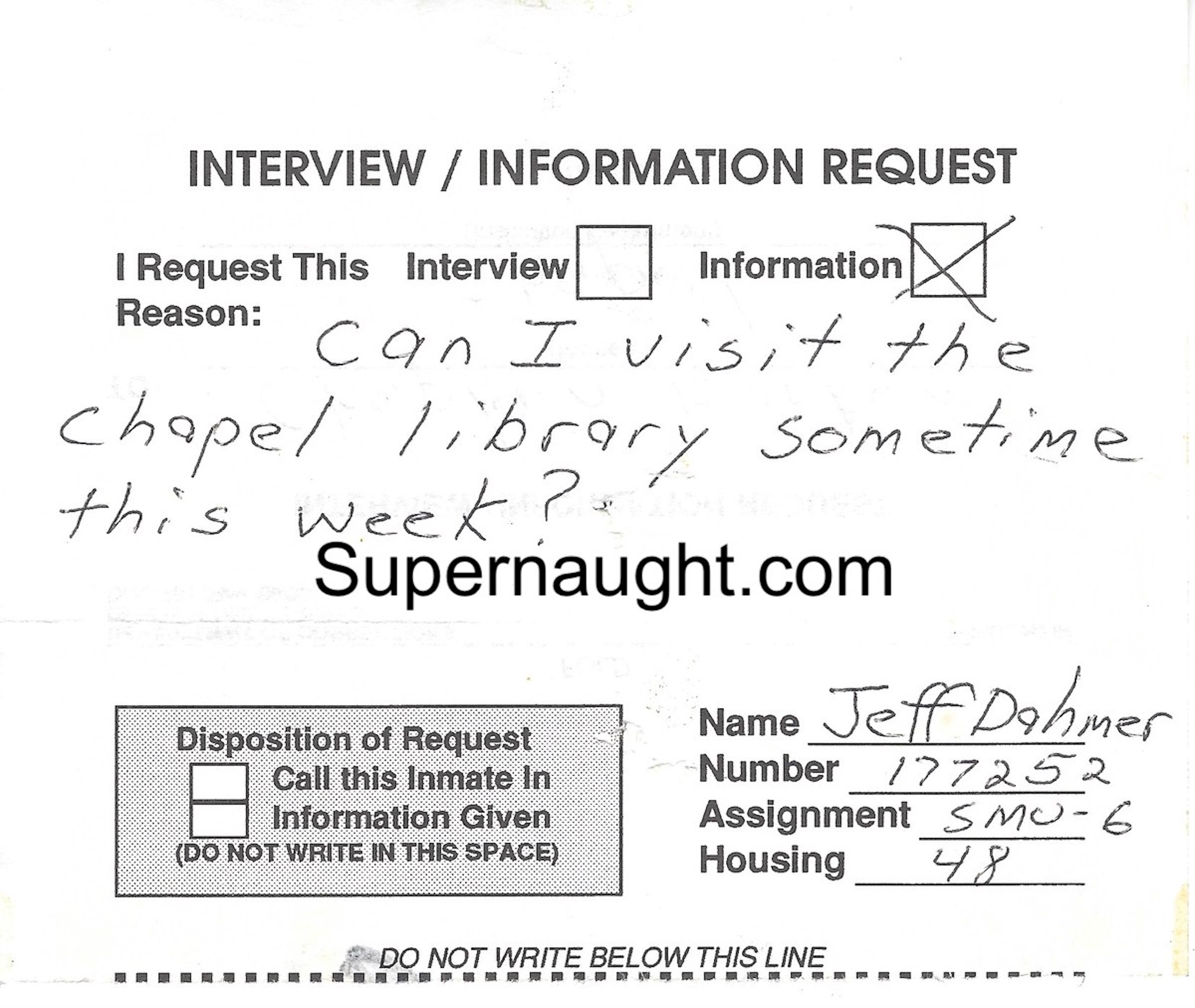 Jeffrey Dahmer Signed Inmate Pass