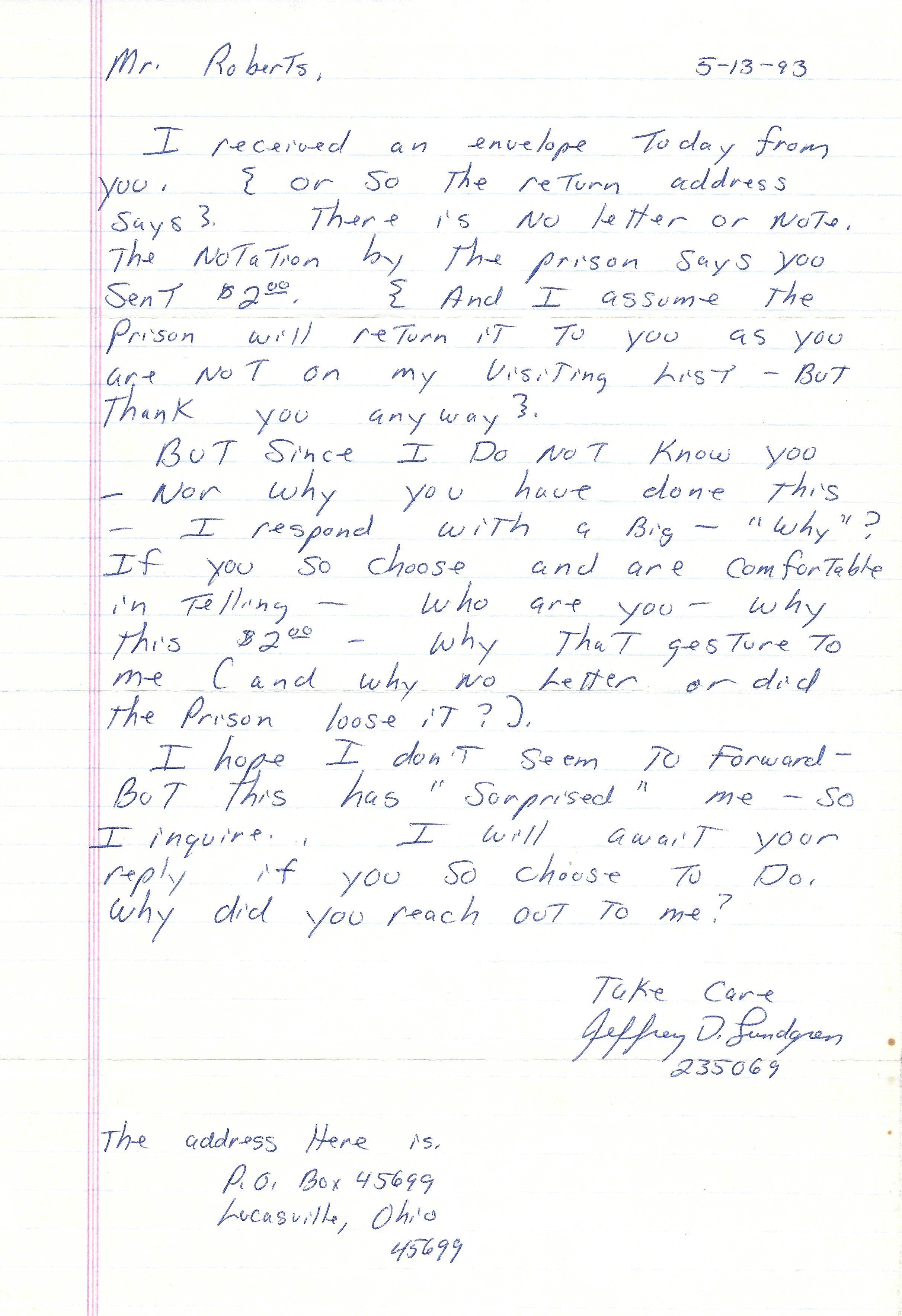Jeffrey Lundgren Signed Letter