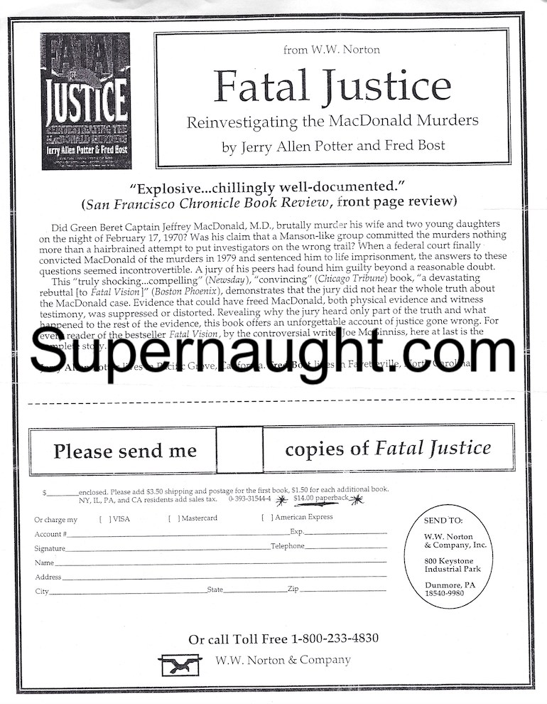 Jeffrey MacDonald Fatal Justice Flyer from Jeff