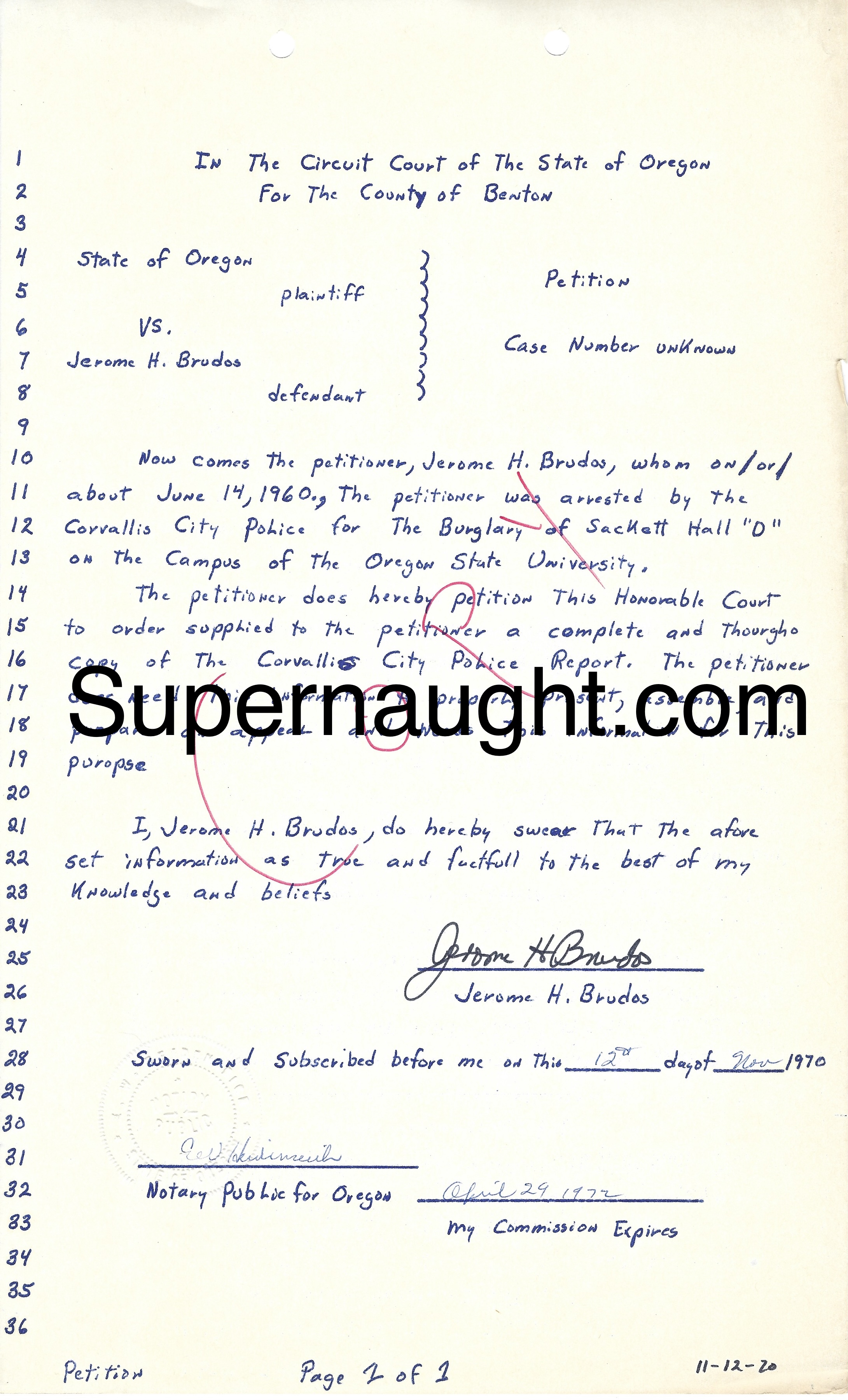 Jerome Brudos 1970 Petition Signed FOUR Times