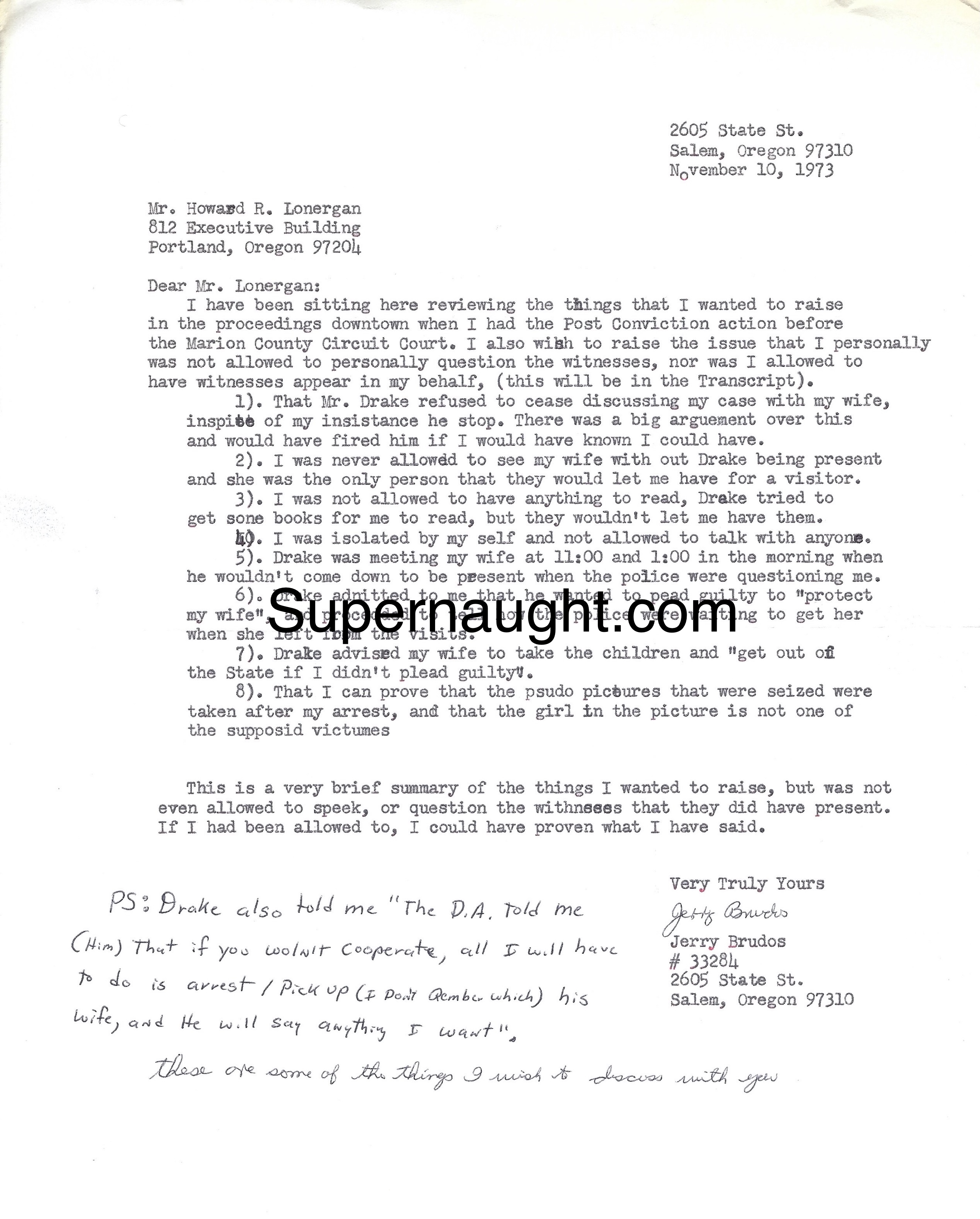 Jerry Brudos 1973 Letter and Envelope to His Attorney Both Signed