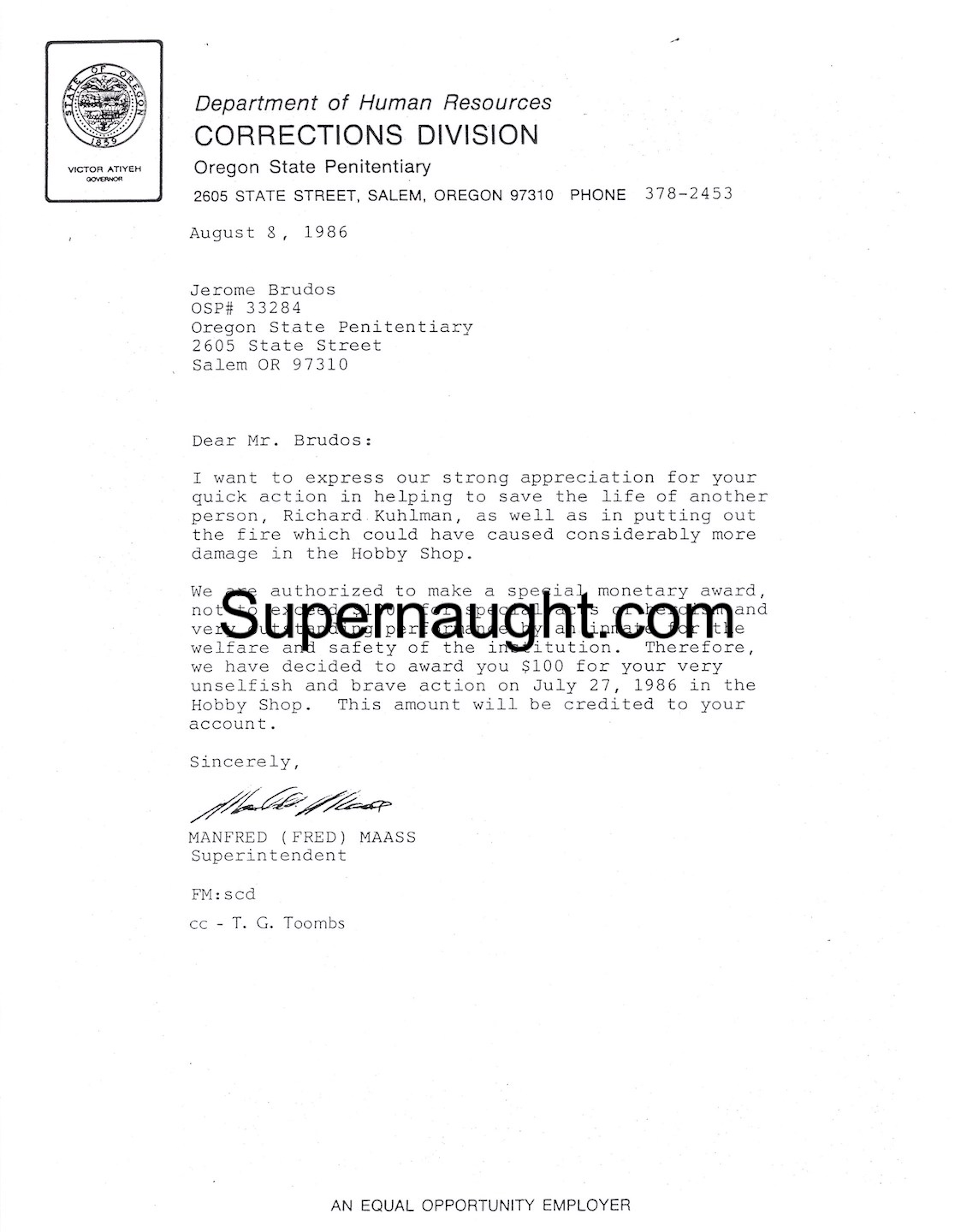 Jerry Brudos 1986 Appreciation Letter