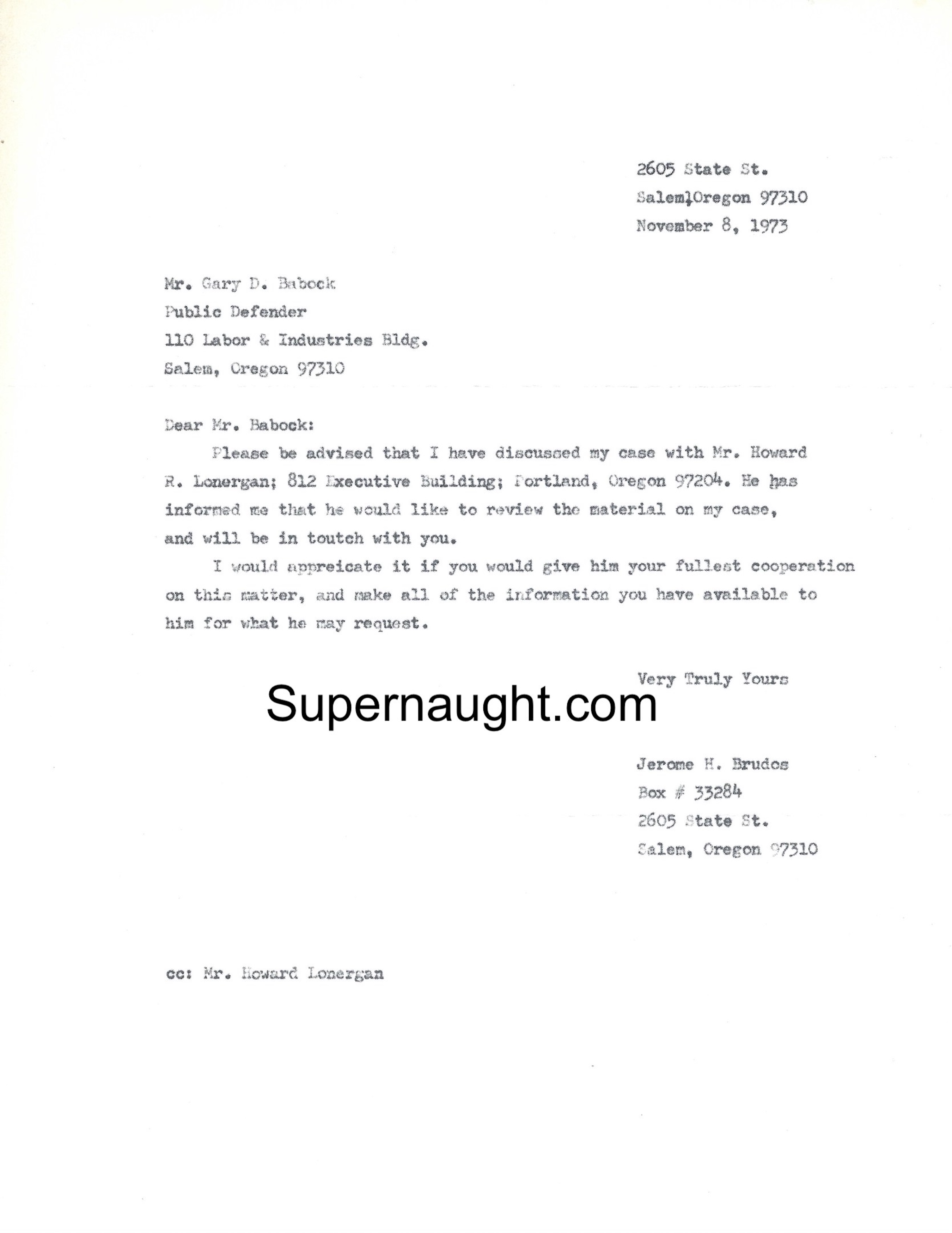Jerry Brudos Attorney Letter and Envelope