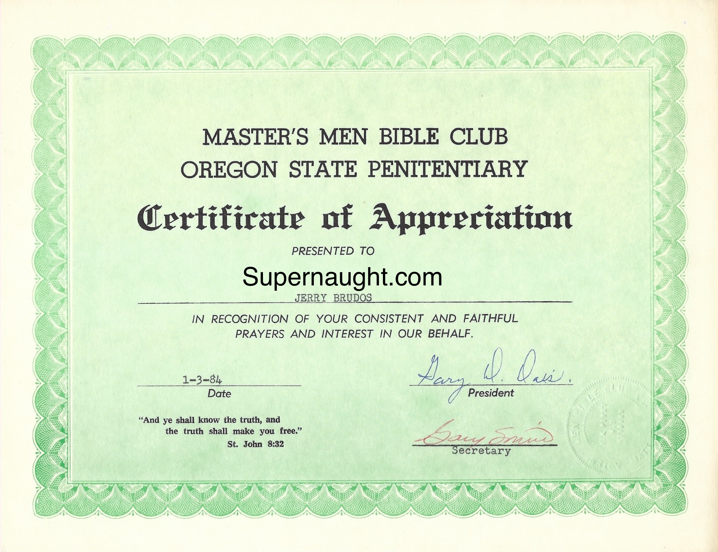 Jerry Brudos Bible Club Certificate OSP 1984