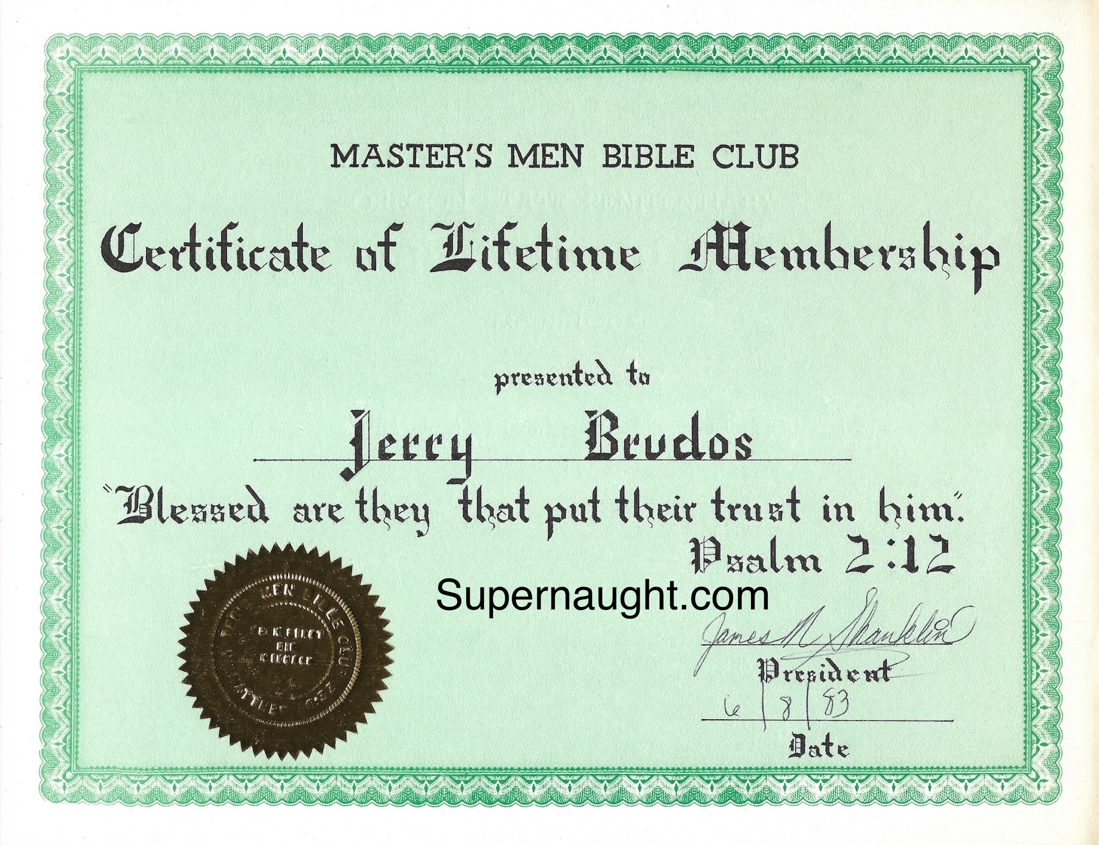 Jerry Brudos Bible Club Lifetime Membership OSP 1983