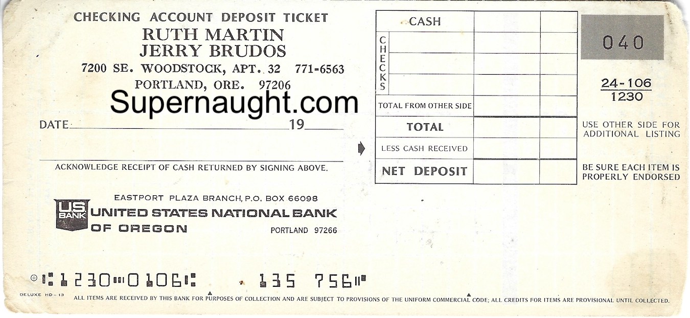 Jerry Brudos Checking Account Deposit Slip