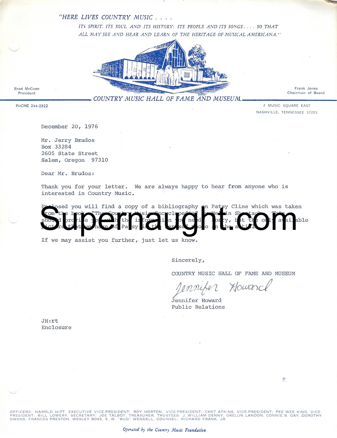 Jerry Brudos Country Music HOF Letter Plus Bio image 2