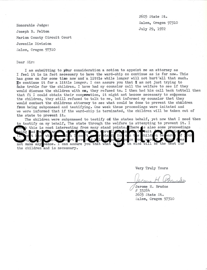 Jerry Brudos July 1972 Letter to Judge Signed