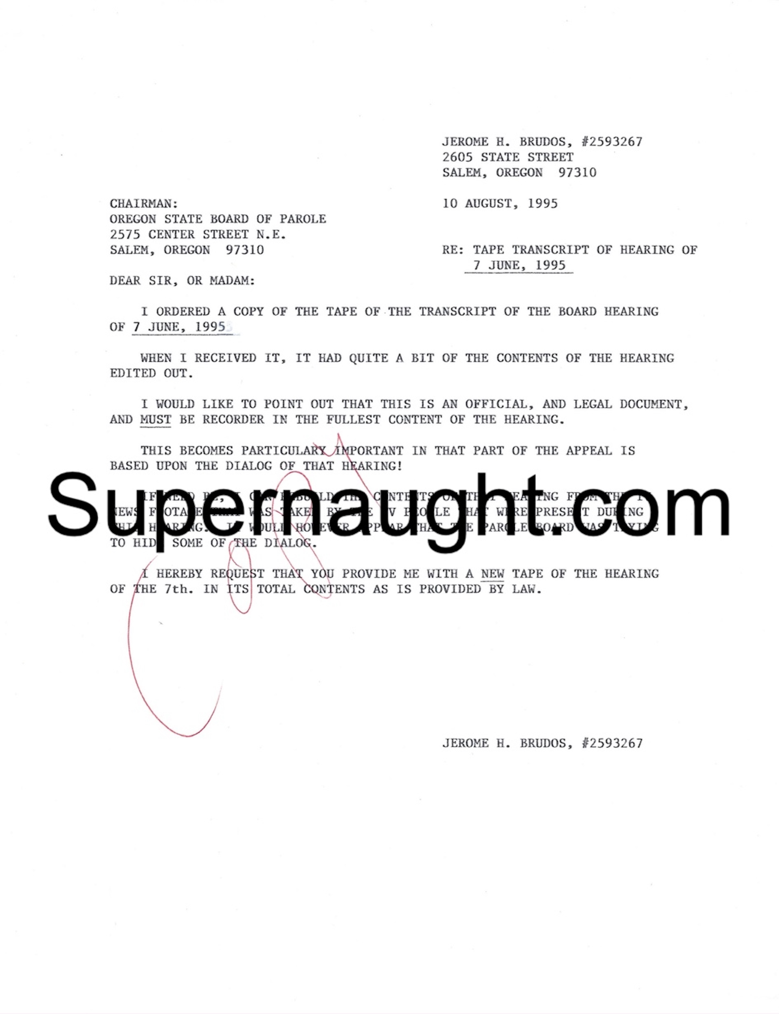 Jerry Brudos Letter to the Board of Parole