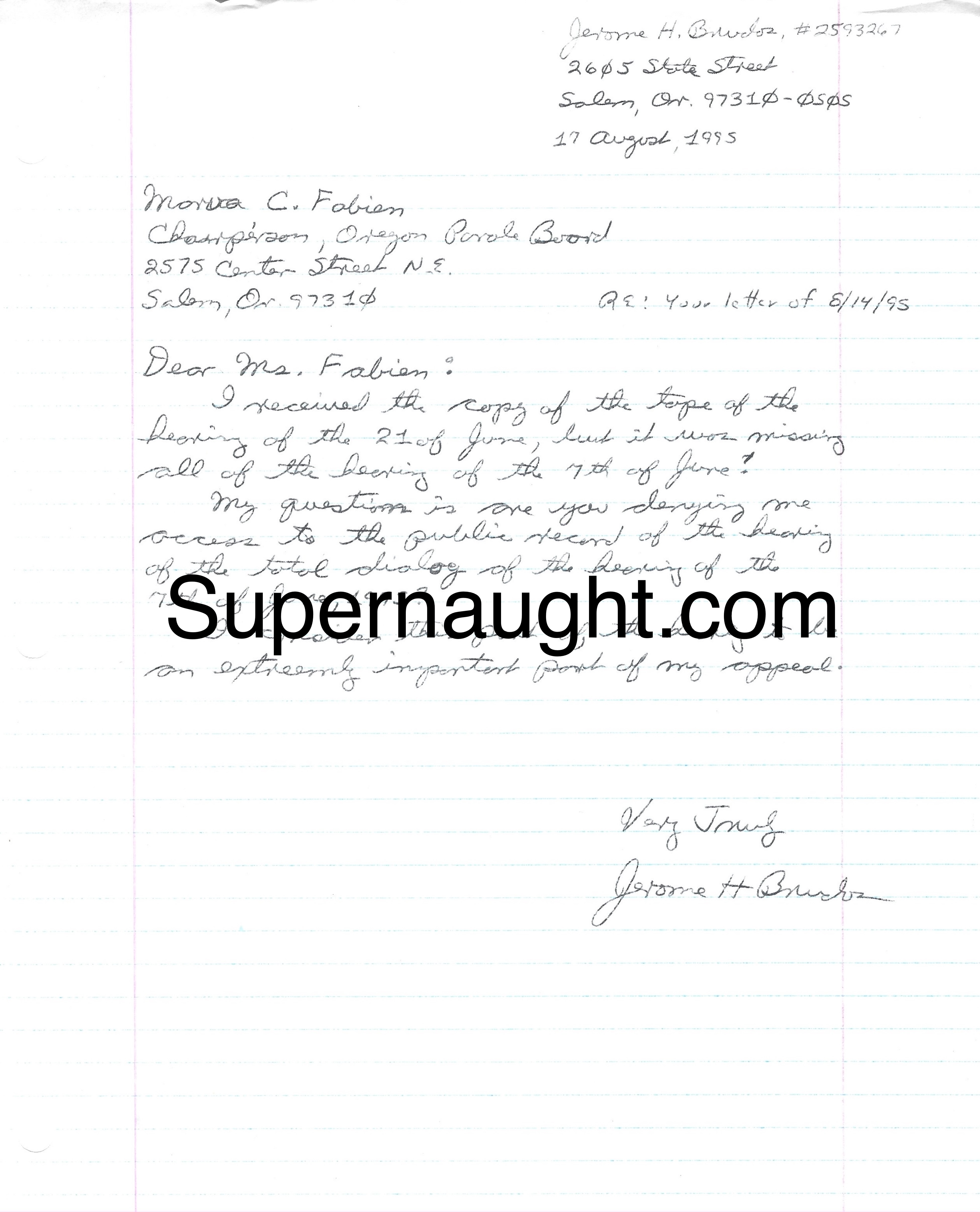 Jerry Brudos Letter to the Board of Parole August 1995 Hand Signed Twice