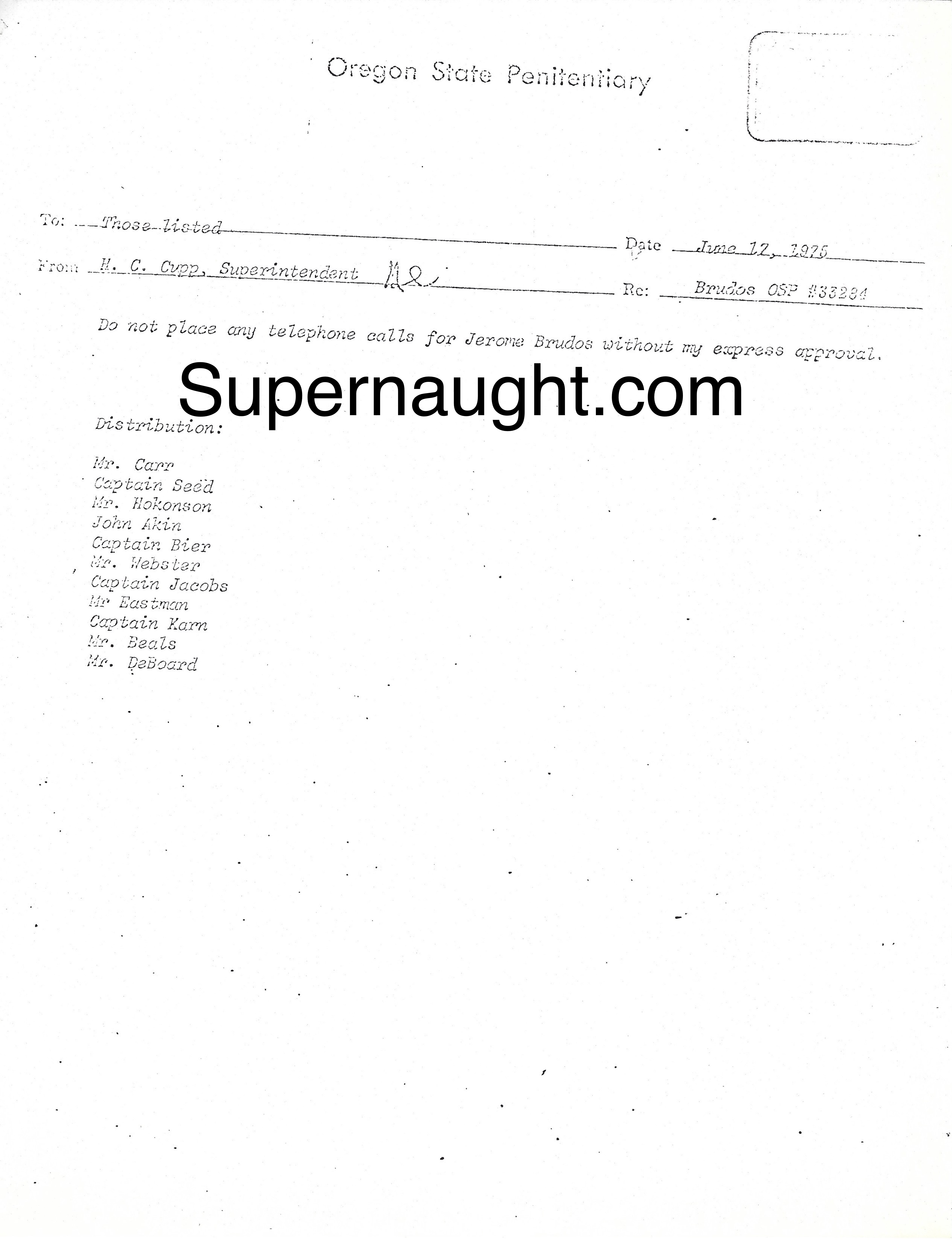 Jerry Brudos OSP Telephone Memo 1975