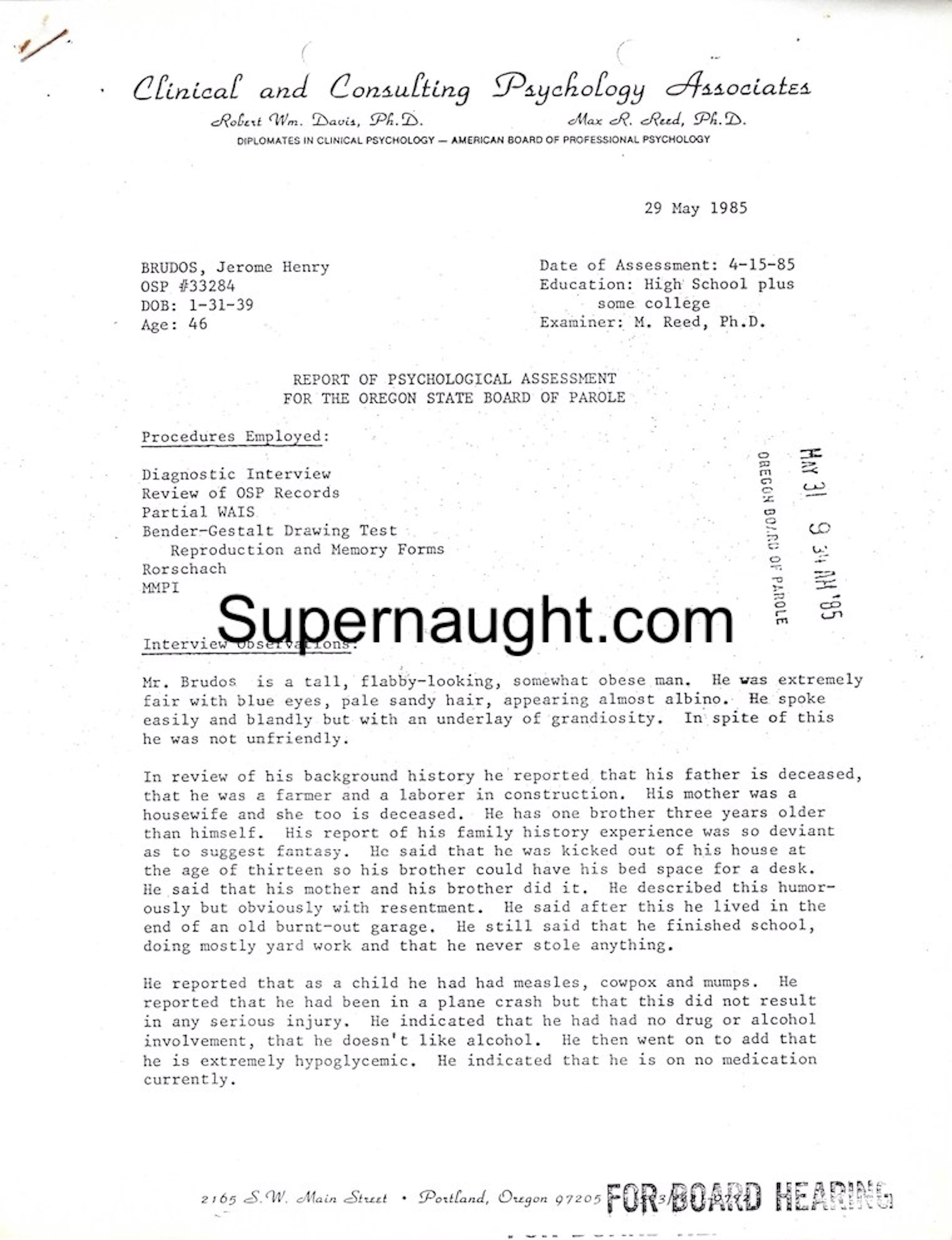 Jerry Brudos Psychological Assessment 1985