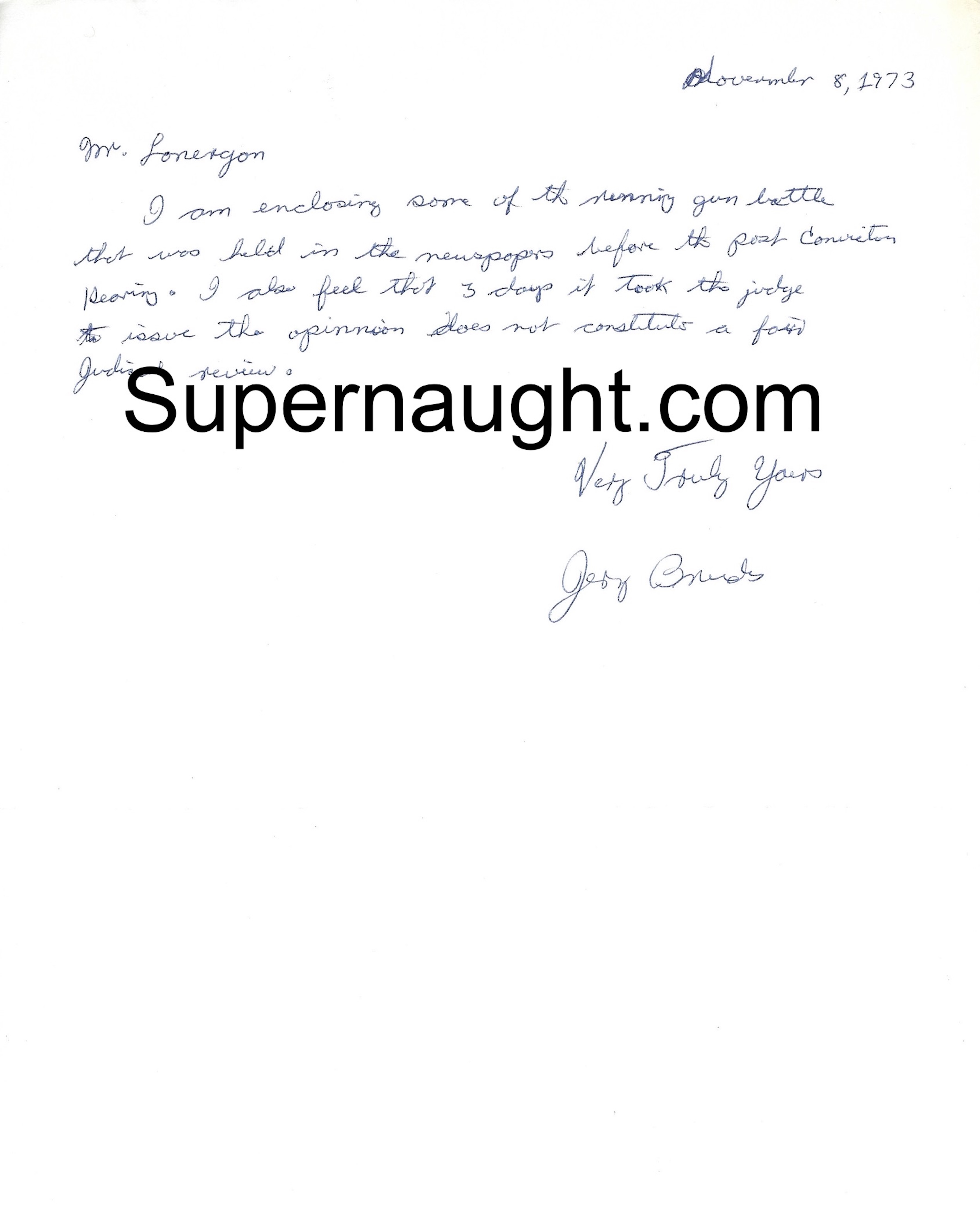 Jerry Brudos Signed Note to Attorney From 1973