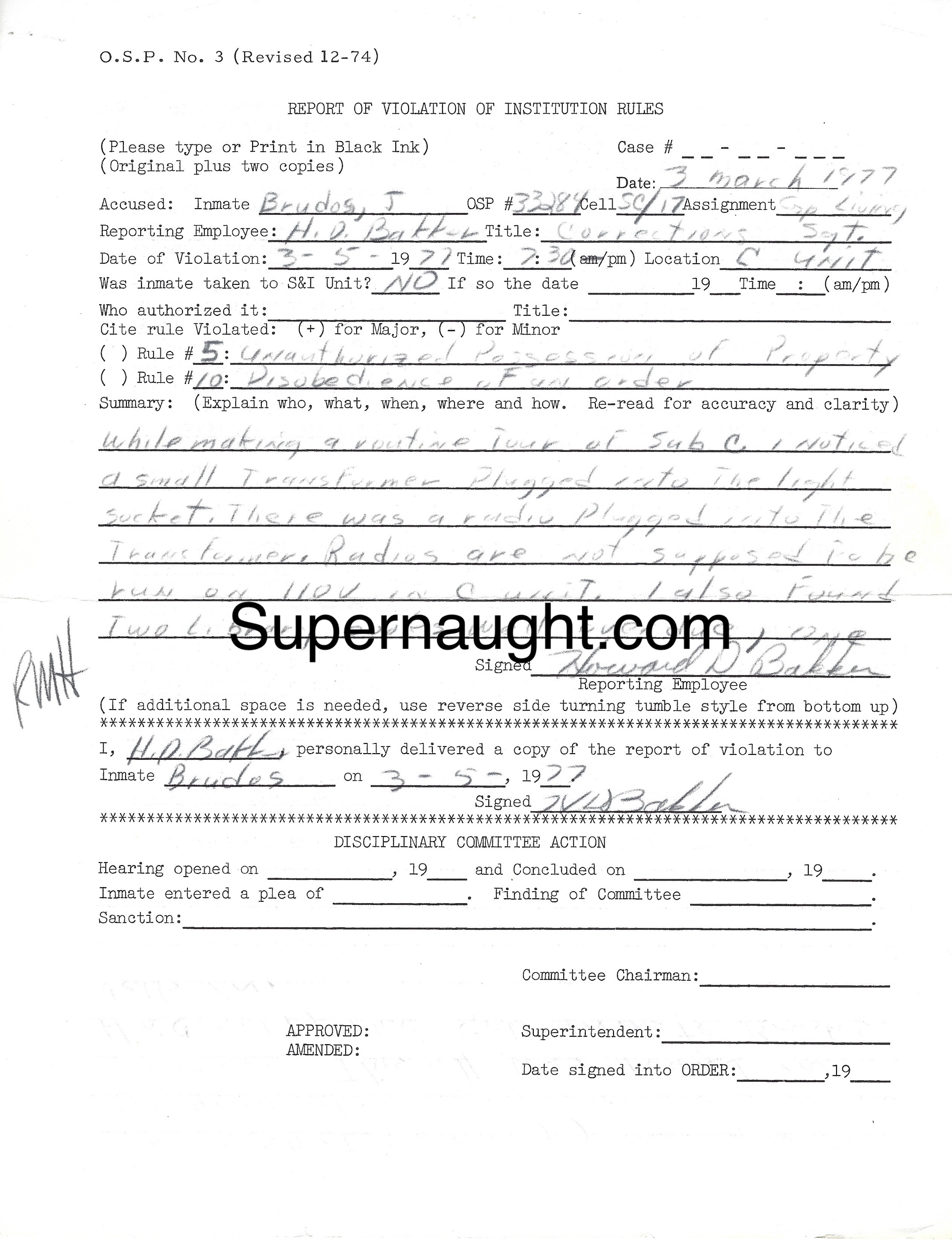 Jerry Brudos Violation of Institution Rules 1977