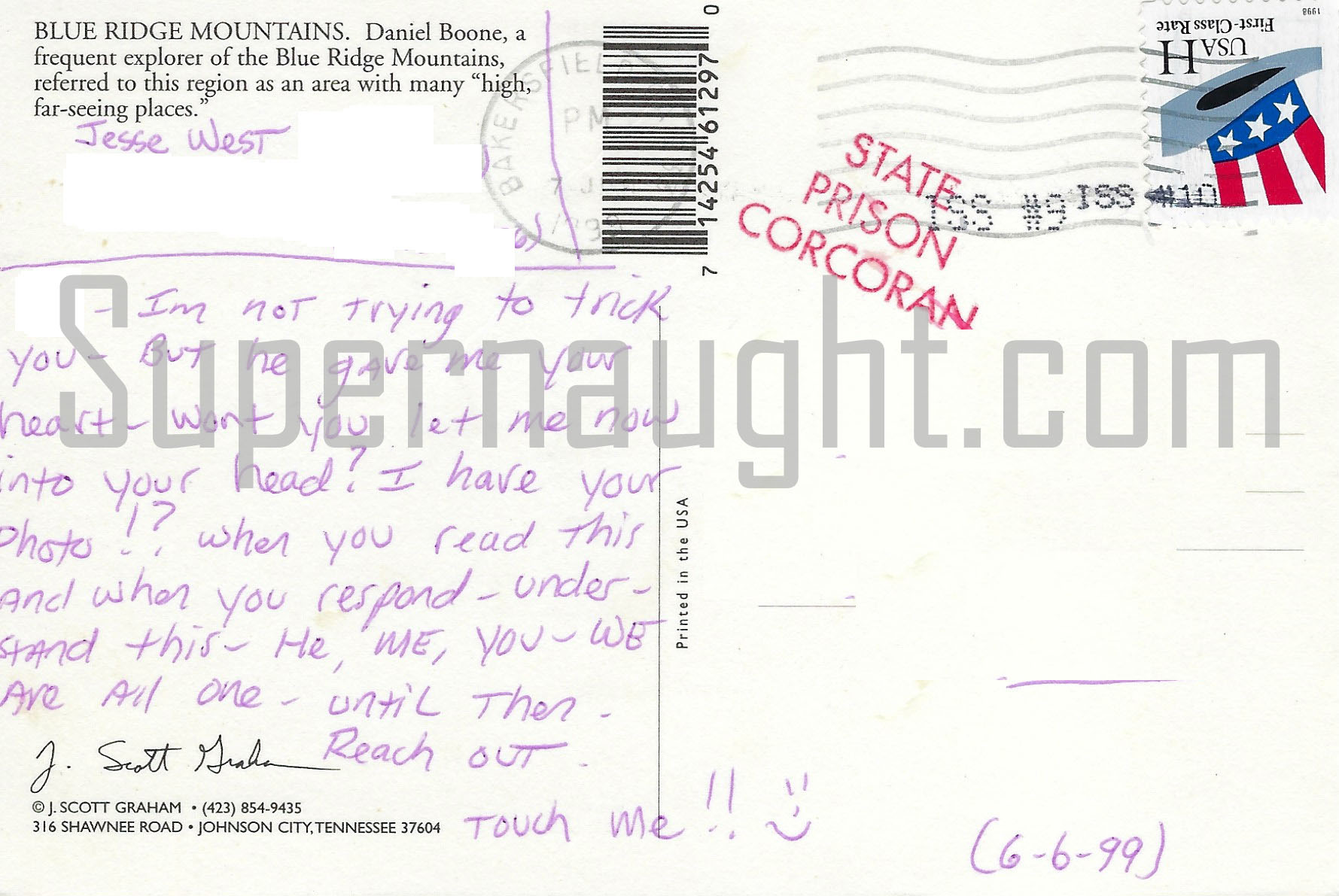 Jesse West Prison Signed Postcard