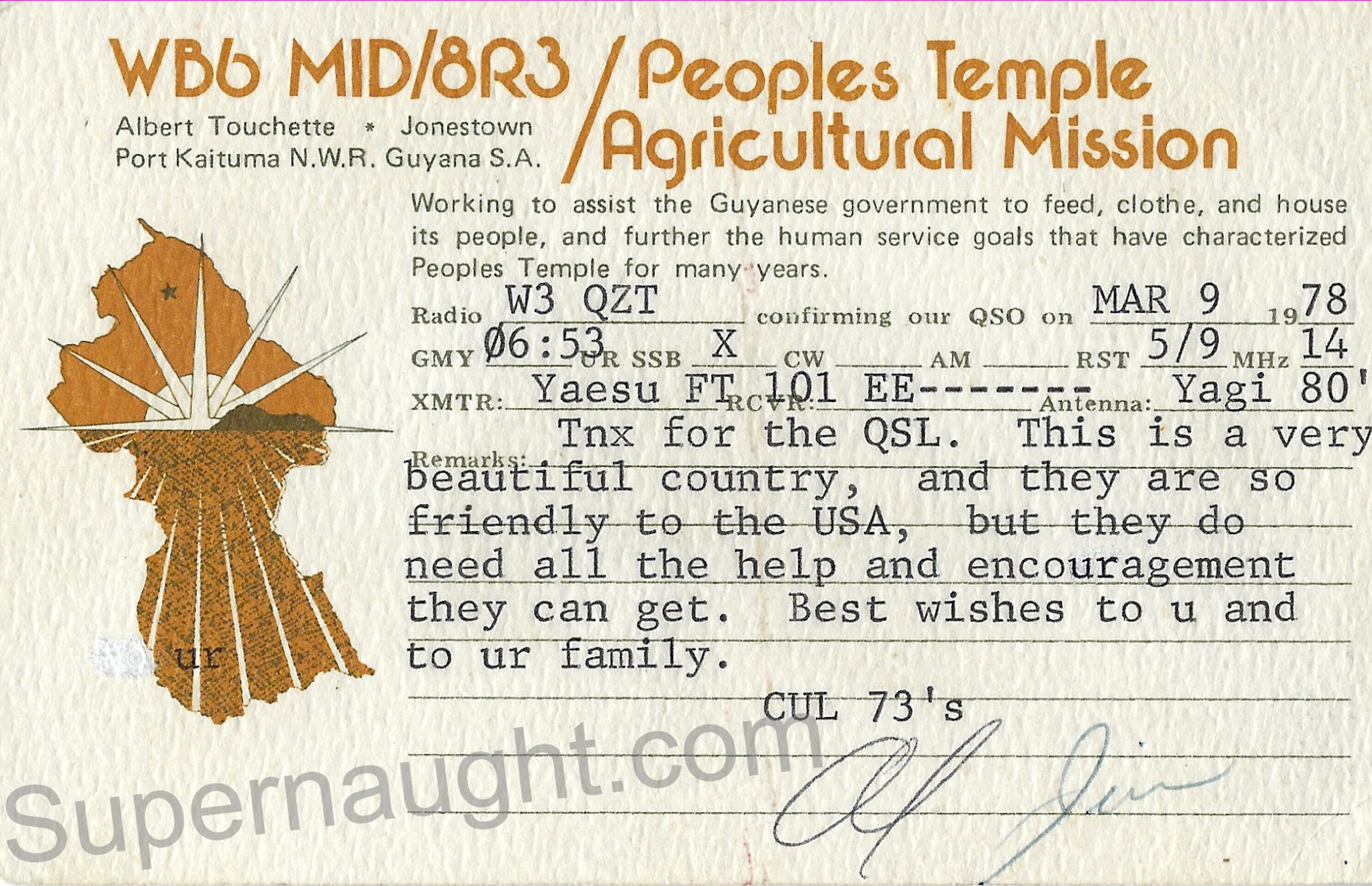 Jim Jones Signed Card with Envelope Set Guyana 1978