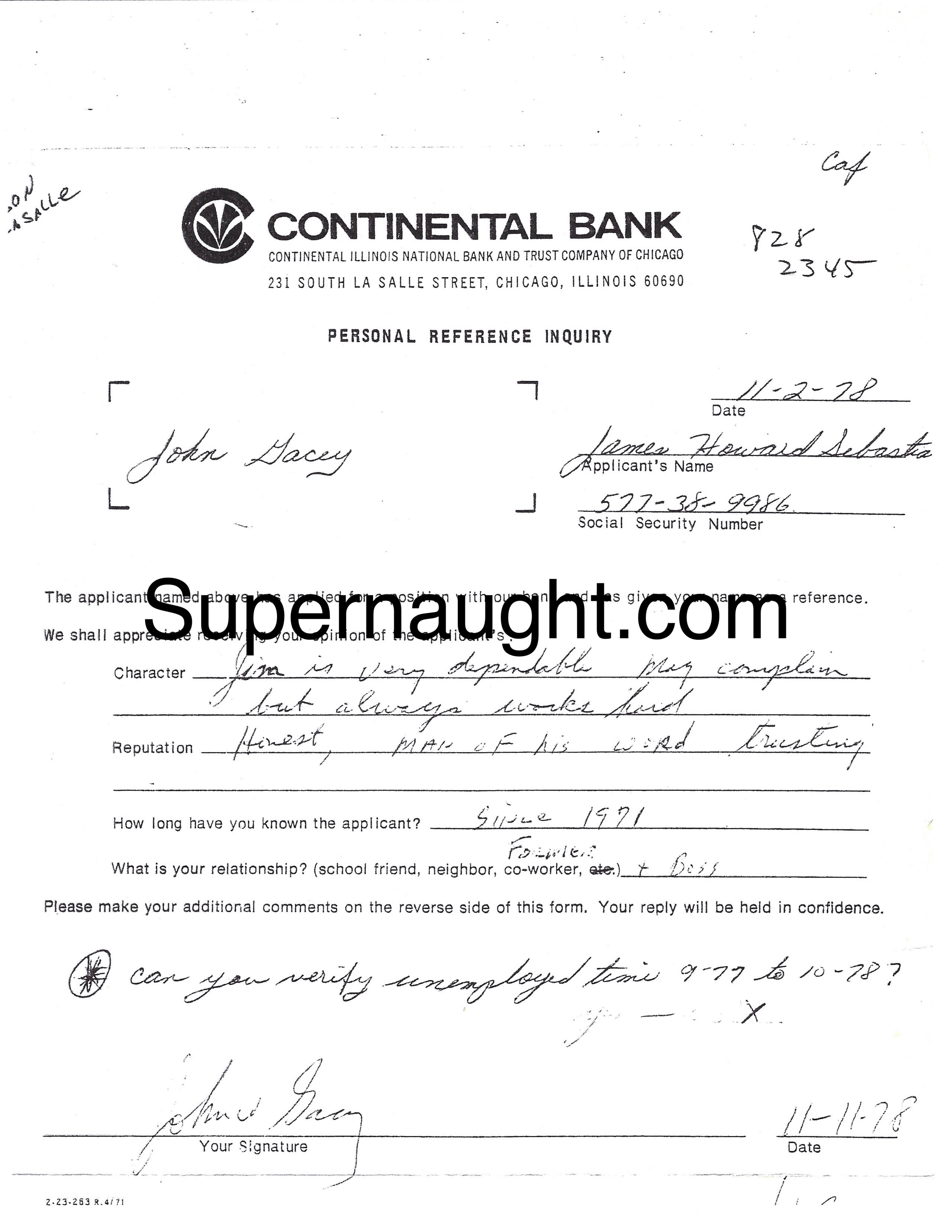 John Gacy 1978 Personal Reference Inquiry Copy
