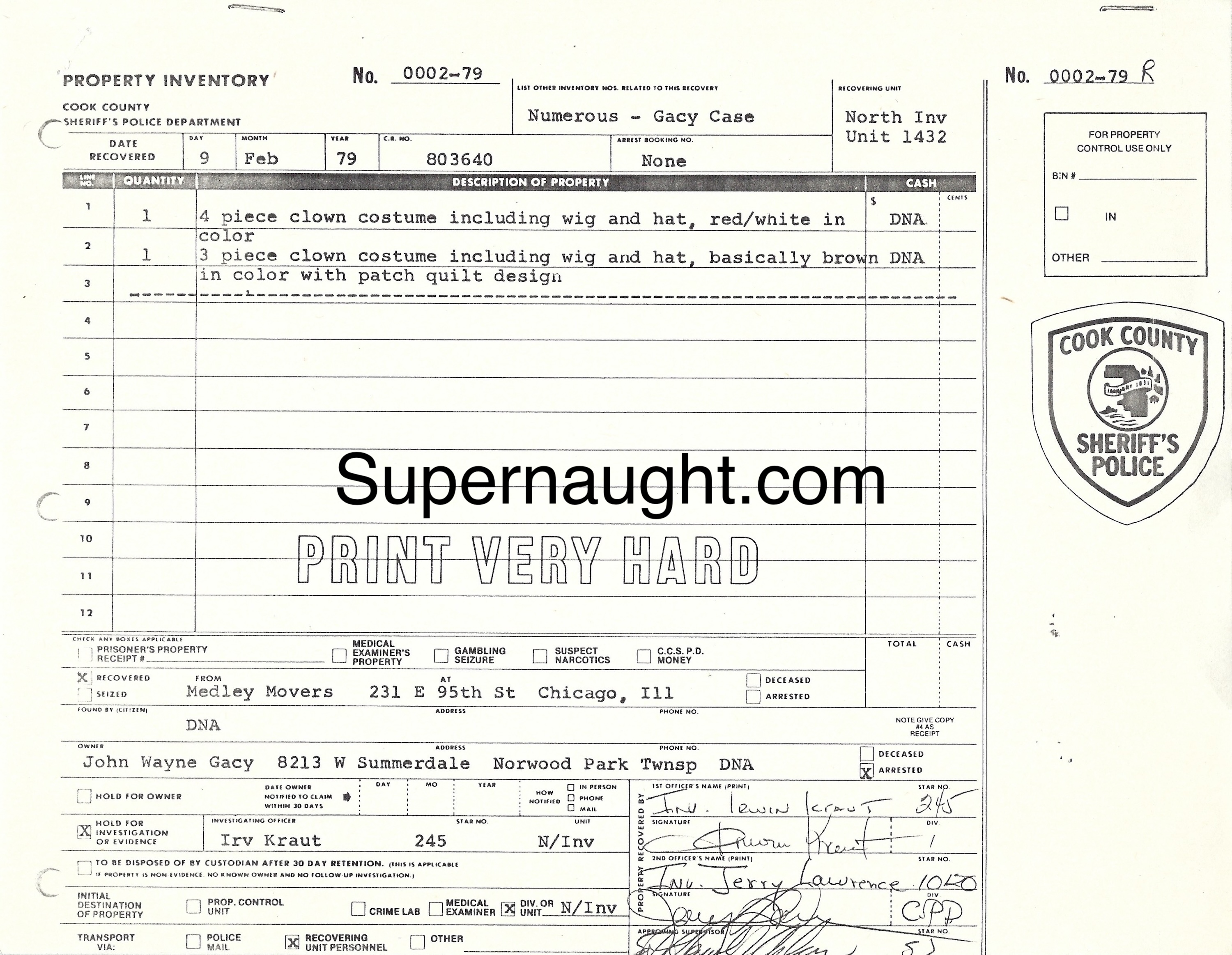 John Gacy Clown Costumes Property Inventory 1979 Copy