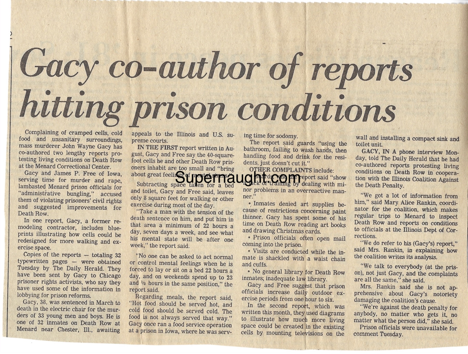 John Gacy Newspaper Article Sent by Gacy to Legal Team
