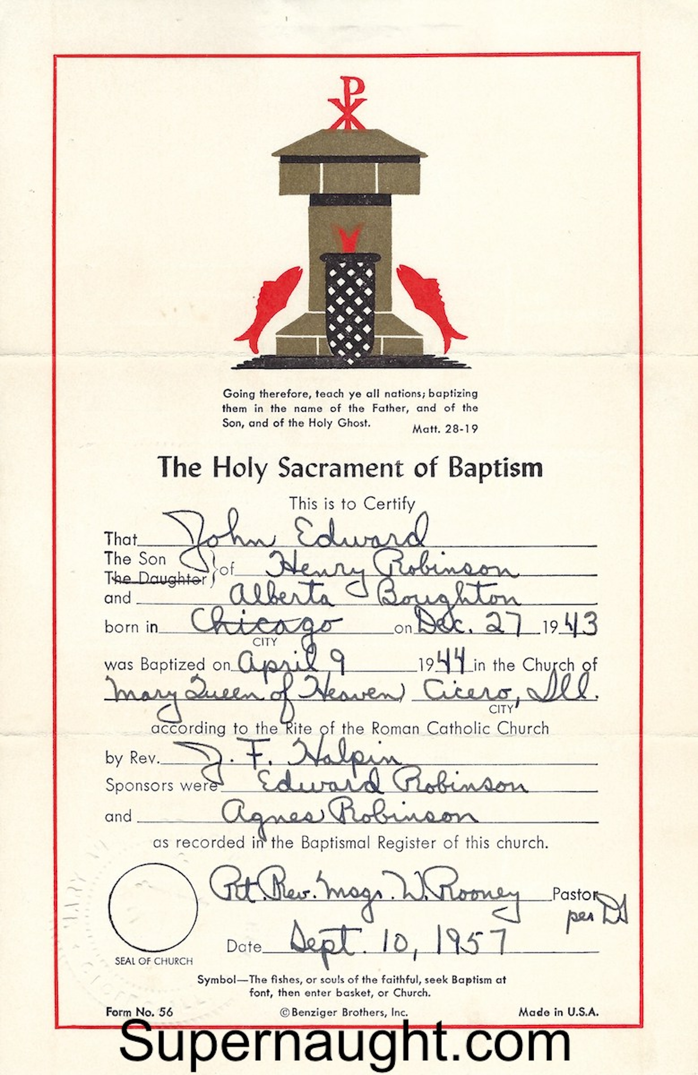 John Robinson Baptism Certification 1957