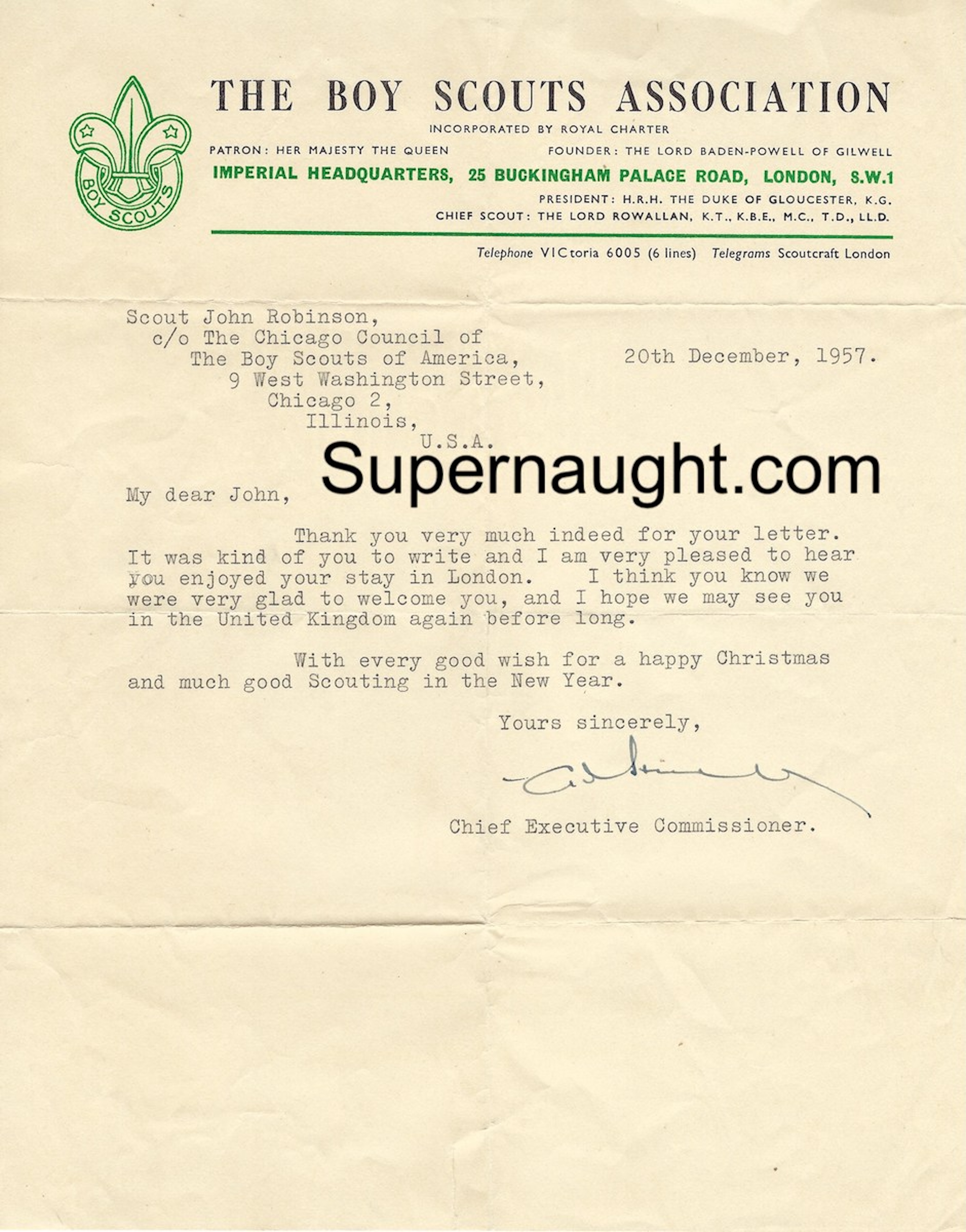 John Robinson Boy Scouts Association Letter 1957
