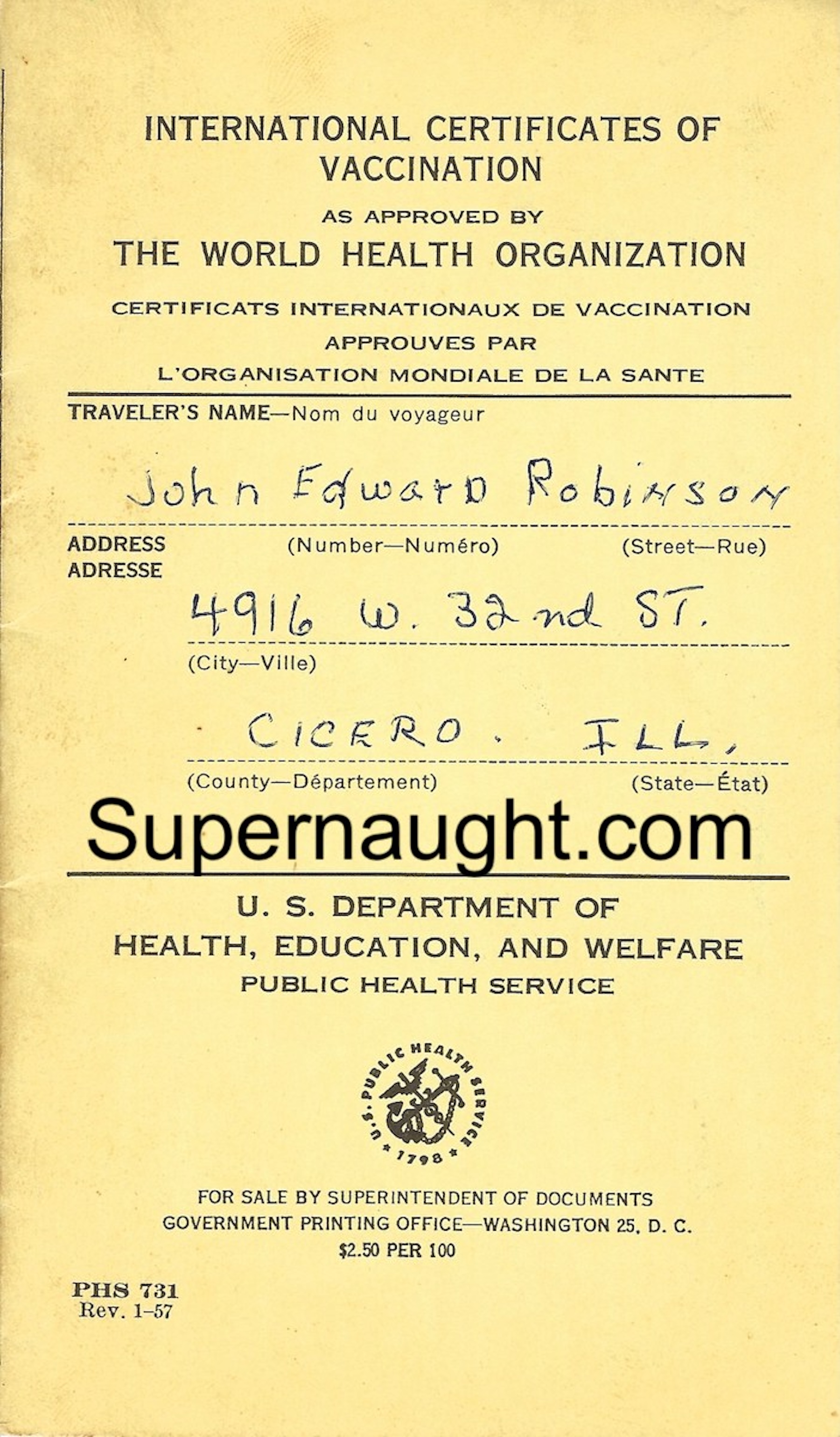 John Robinson Certificates of Vaccination 1957 Signed