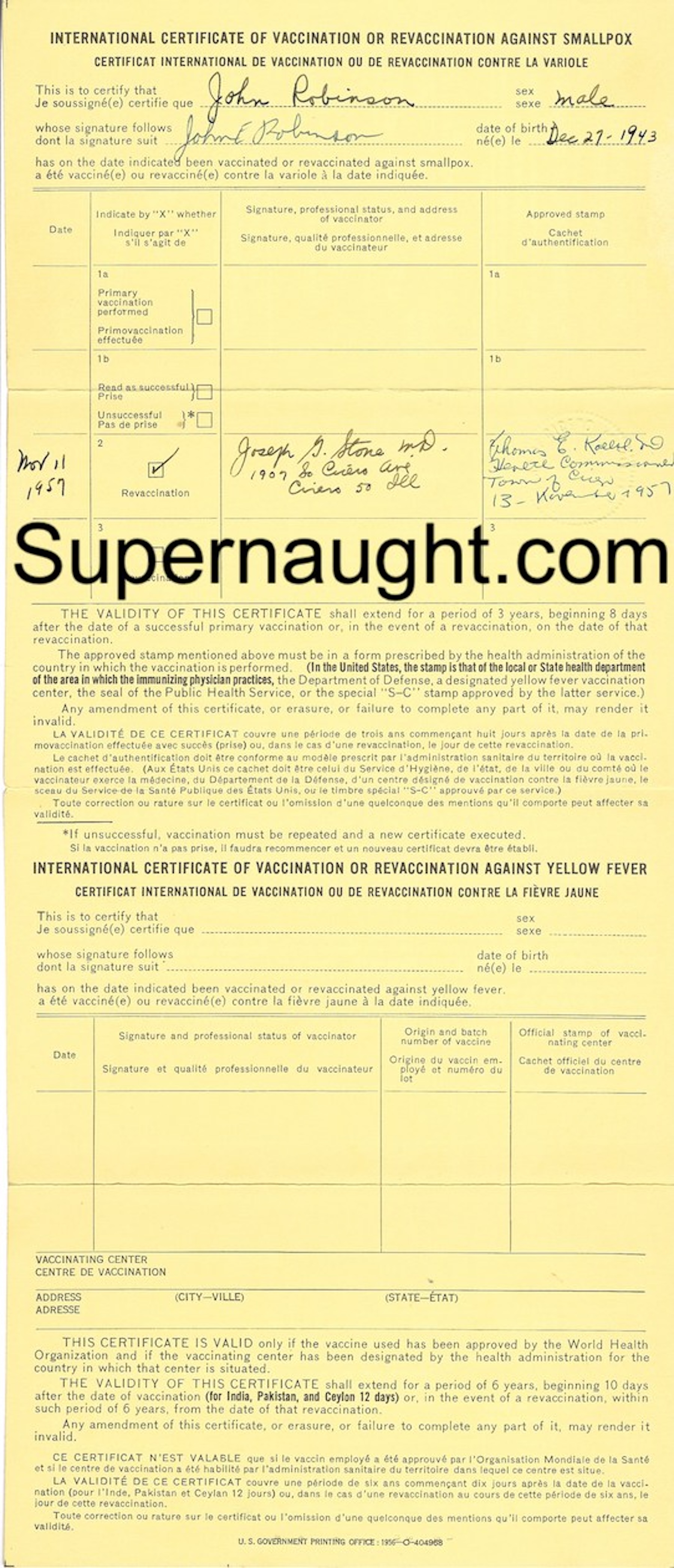 John Robinson Certificates of Vaccination 1957 Signed image 2