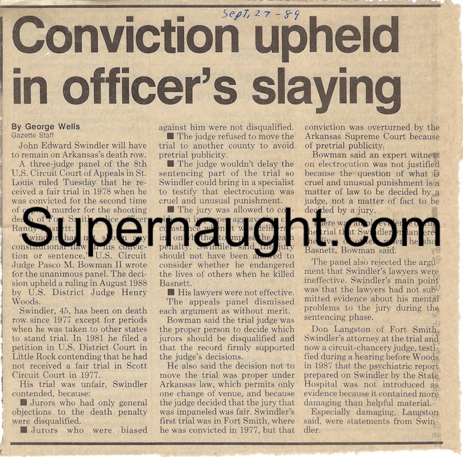 John Swindler Newspaper Article