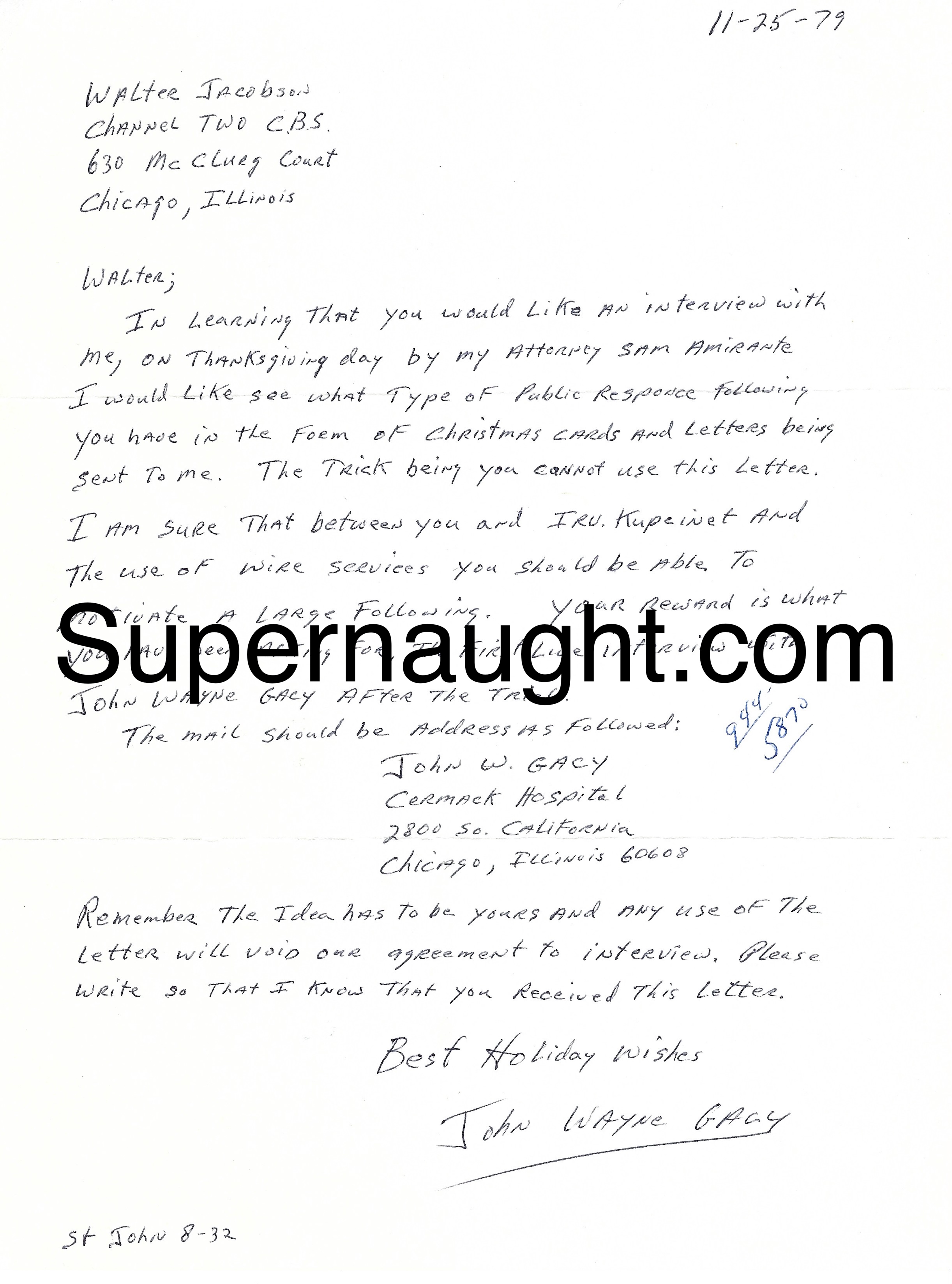 John Wayne Gacy 1979 Signed Letter To Walter Jacobson