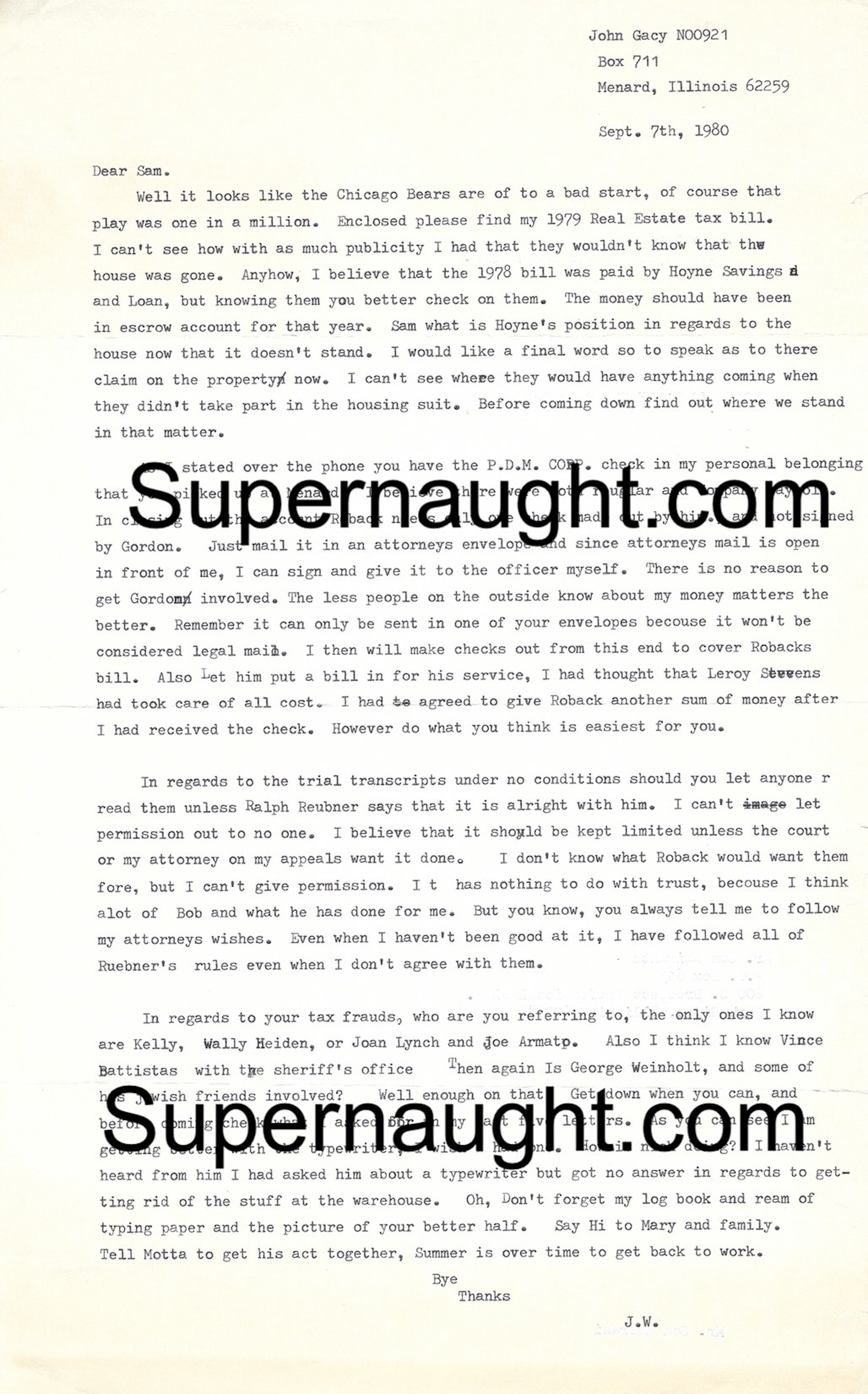 John Wayne Gacy 1980 Letter To Attorney With Envelope