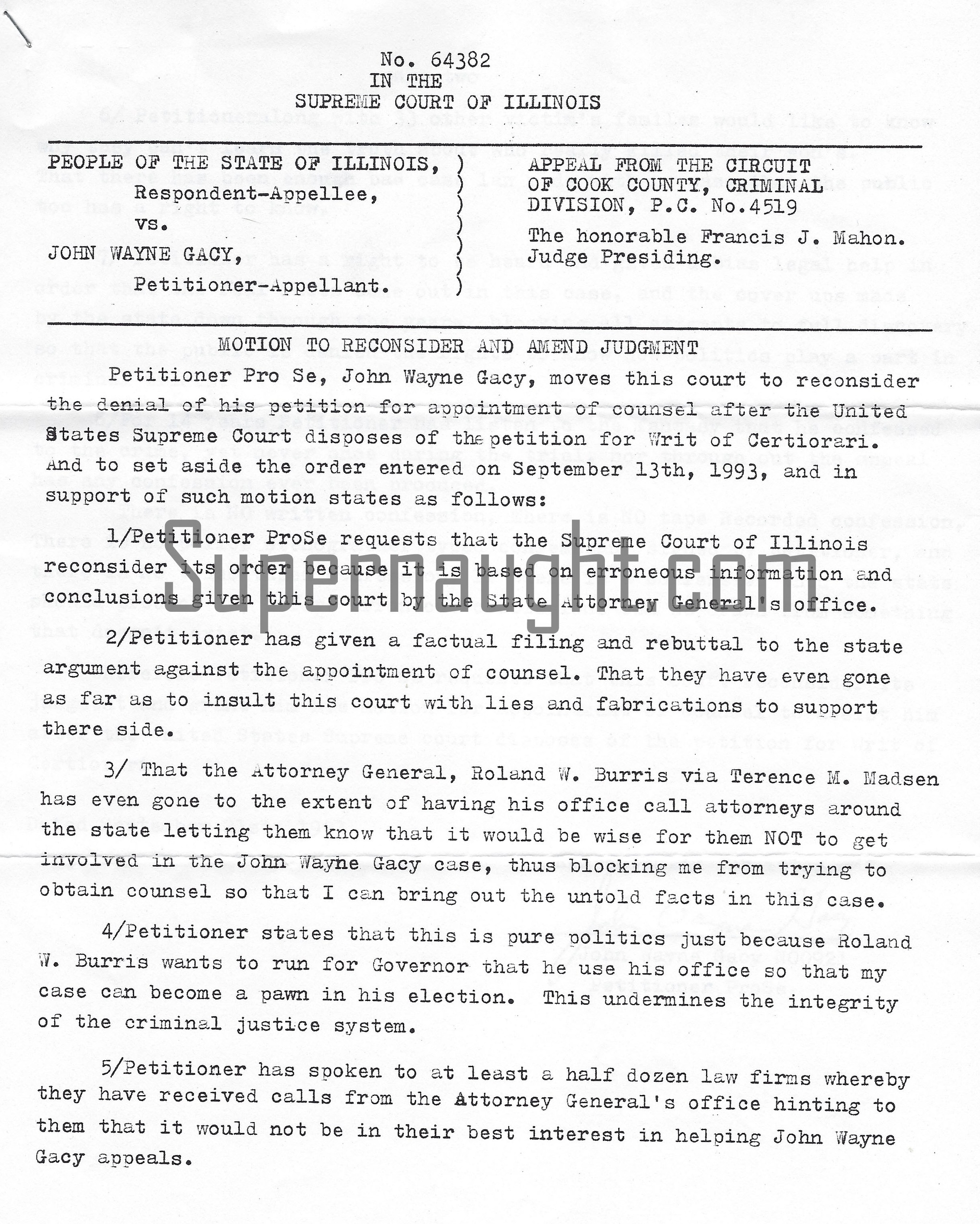 John Wayne Gacy 1993 Two Page Motion To Reconsider