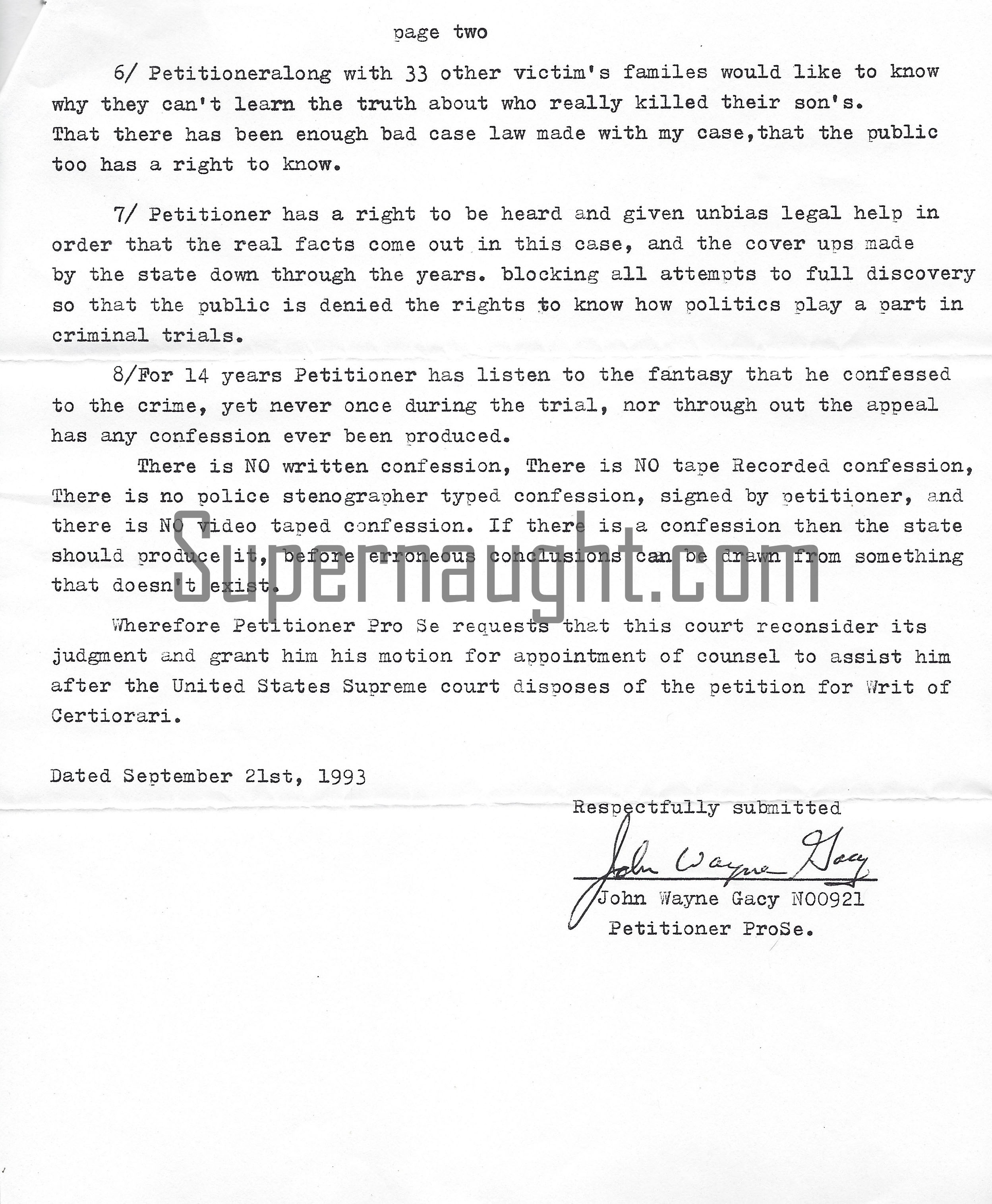John Wayne Gacy 1993 Two Page Motion To Reconsider image 2