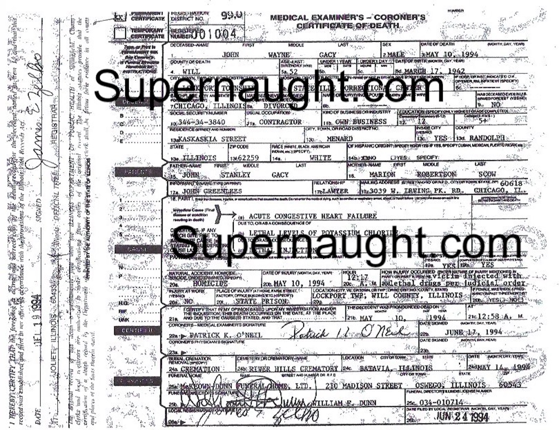 John Wayne Gacy 1994 Death Certificate Replica