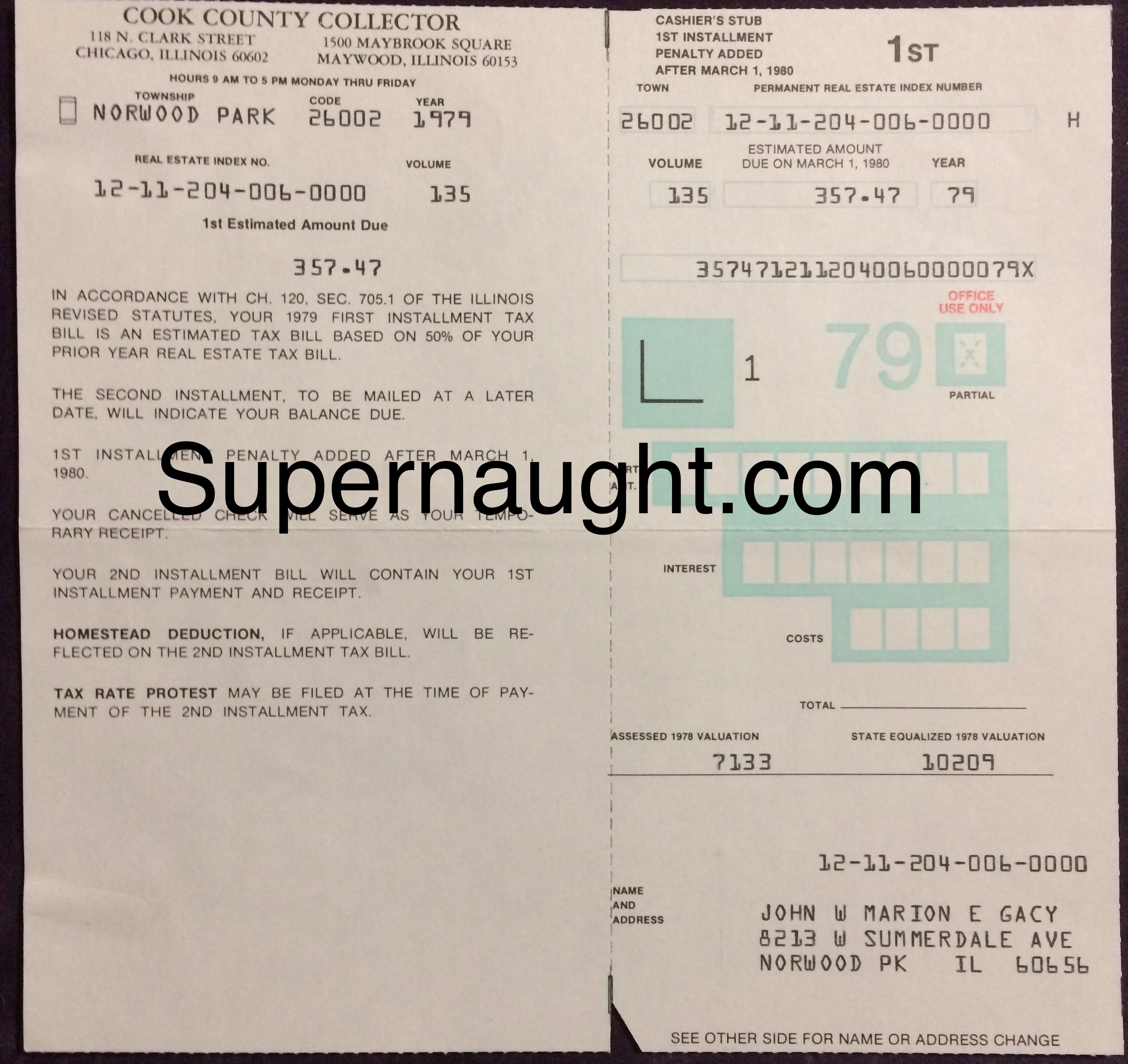 John Wayne Gacy 8213 Summerdale Avenue Home Assessment Bill