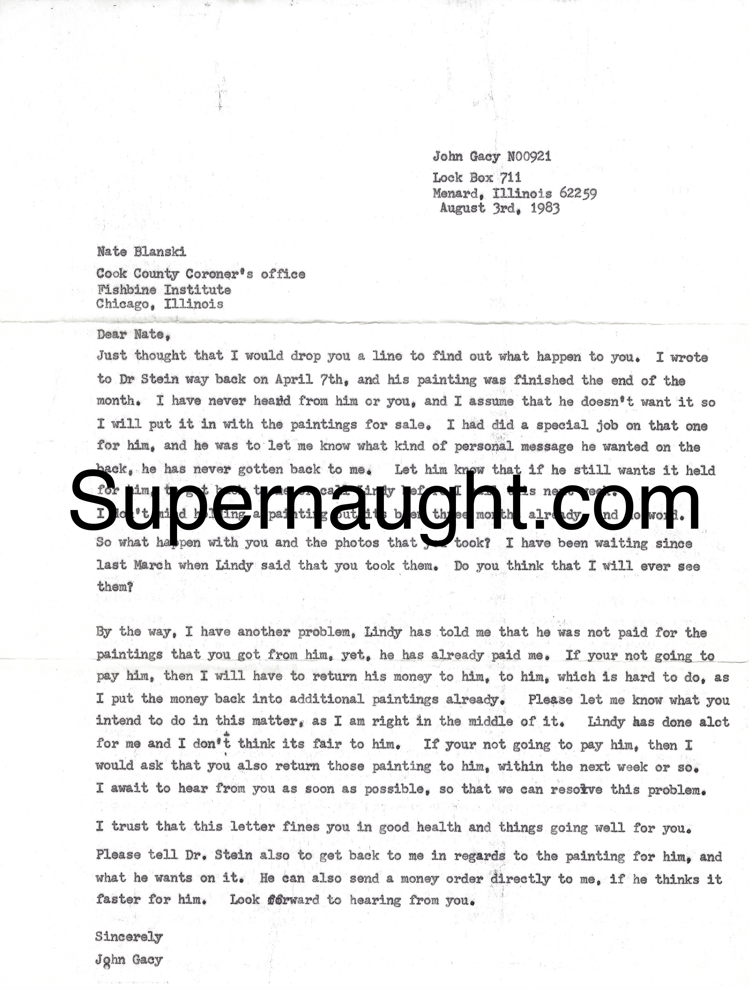 John Wayne Gacy Cook County Coroner's Office Letter