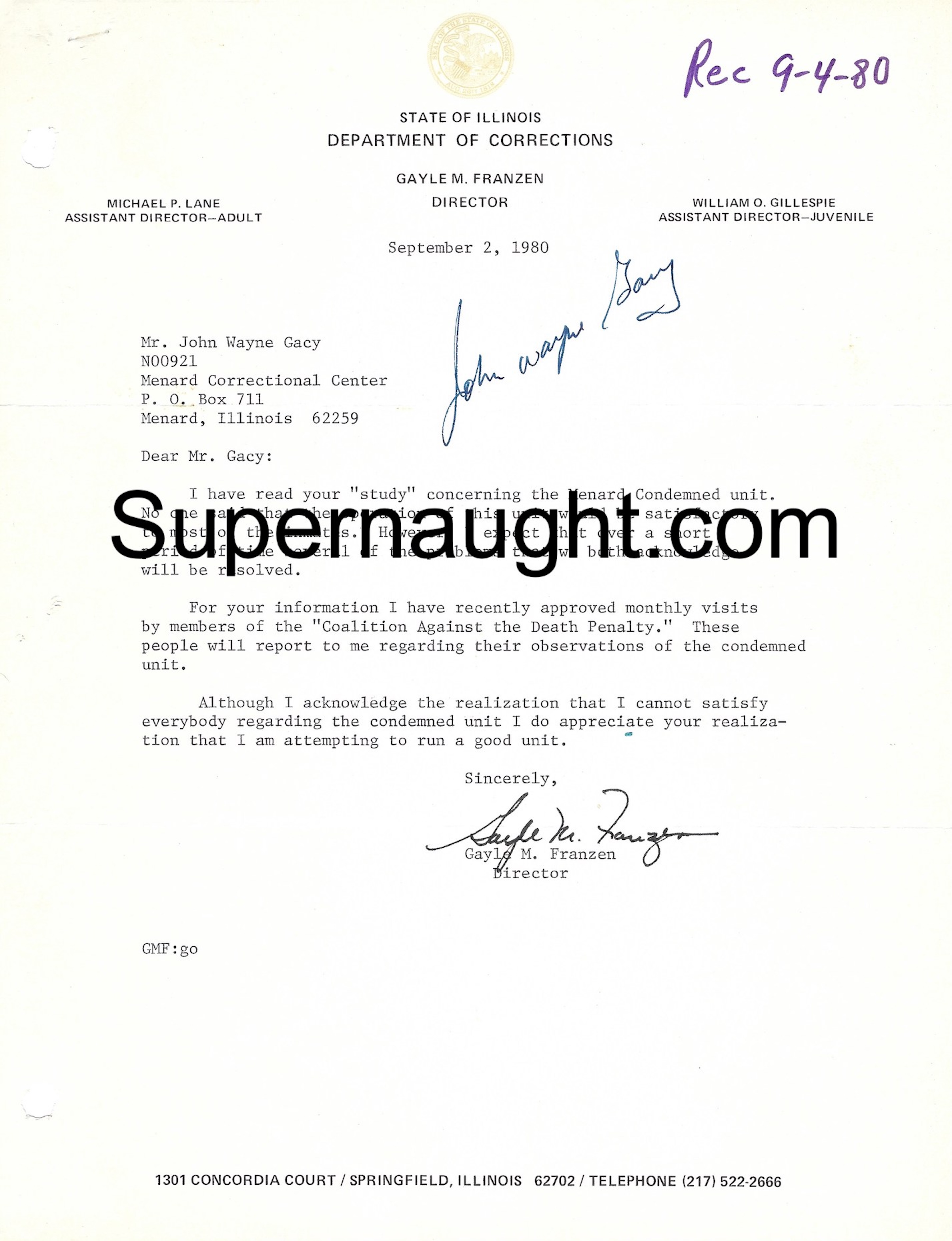 John Wayne Gacy Gayle Franzen Letter Signed By Both