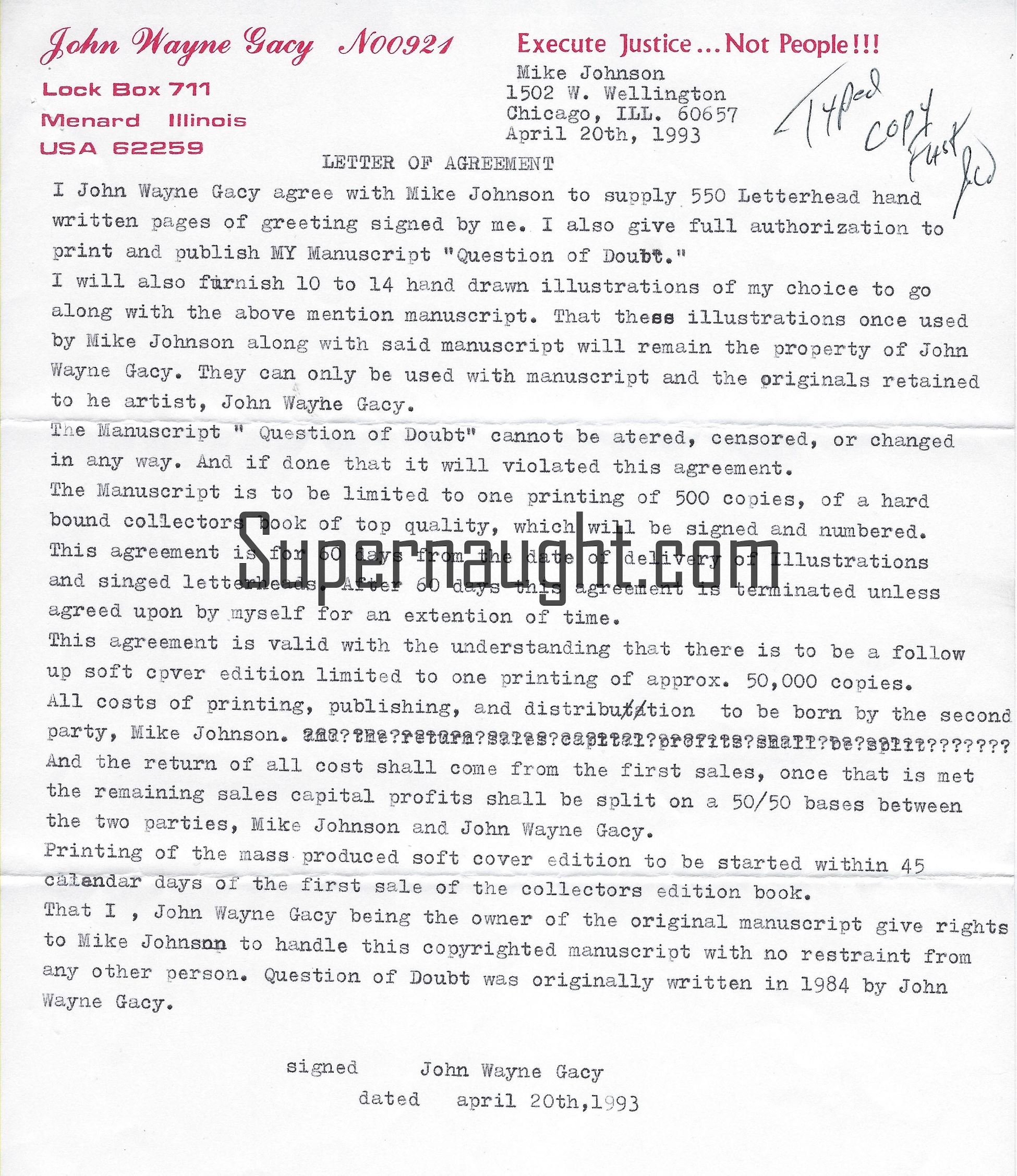 John Wayne Gacy Initialed Letter Of Agreement