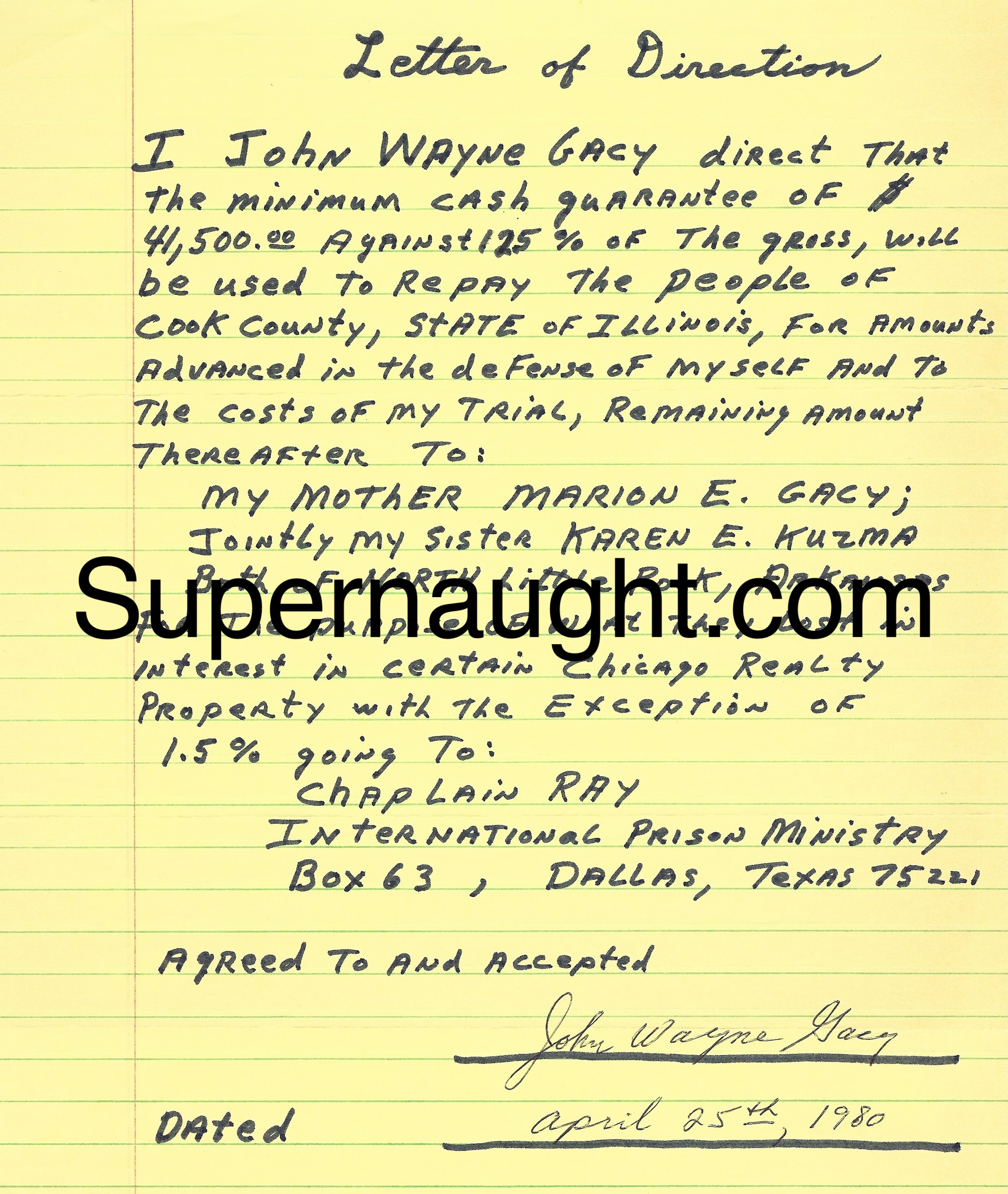 John Wayne Gacy  Letter of Direction Signed 1980