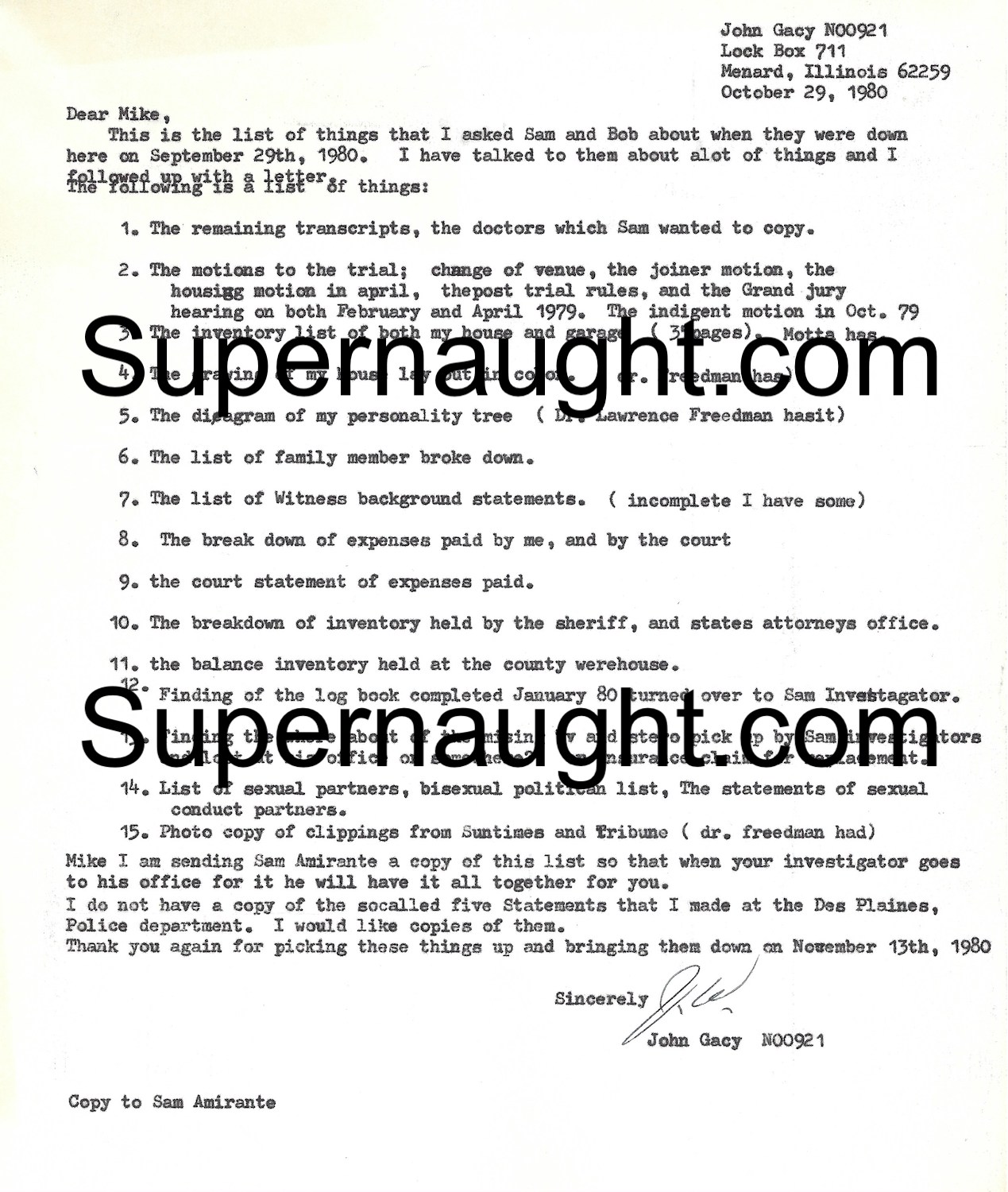 John Wayne Gacy Signed Letter to Legal Team 1980