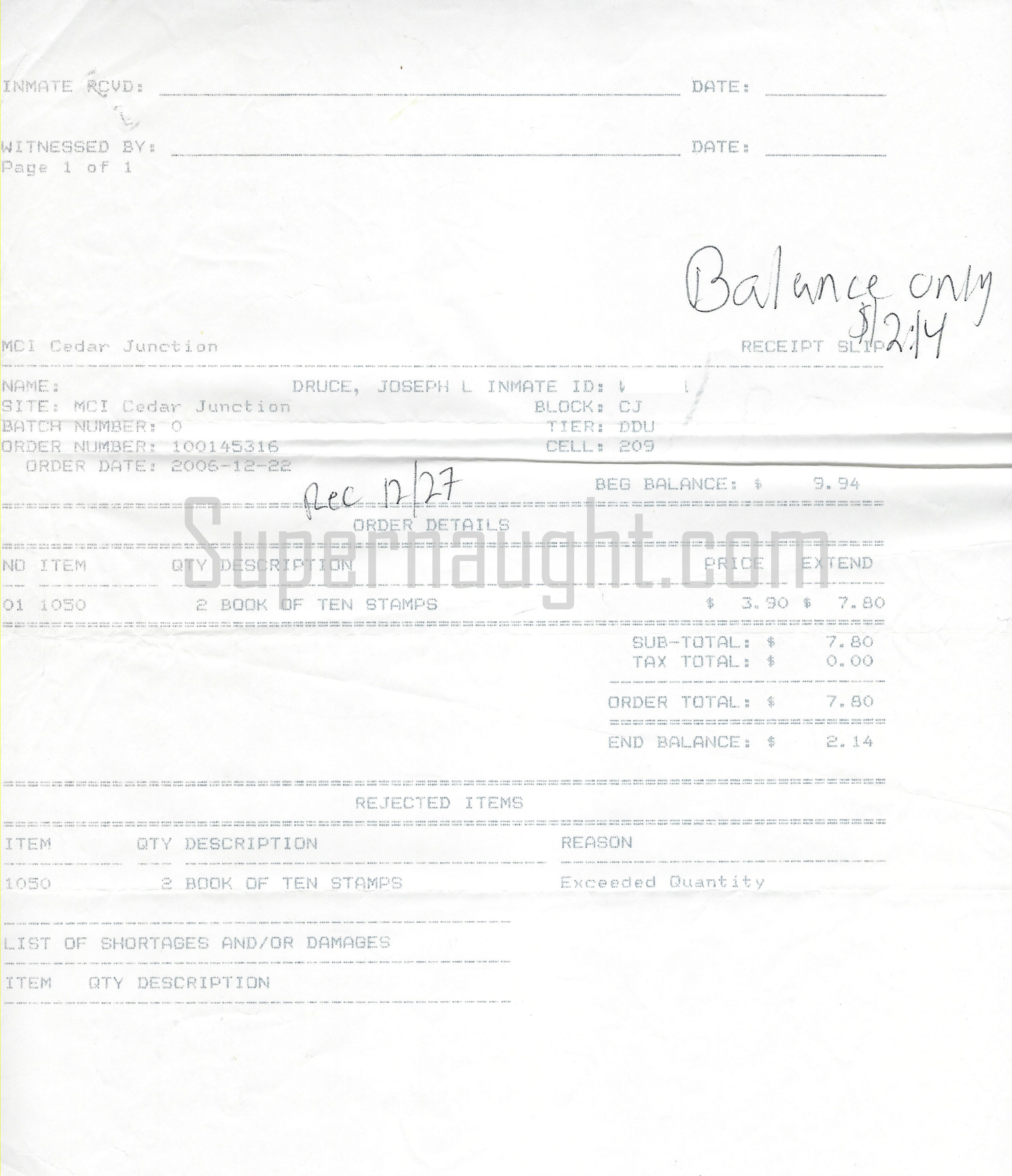 Joseph Druce Commissary Order Receipt