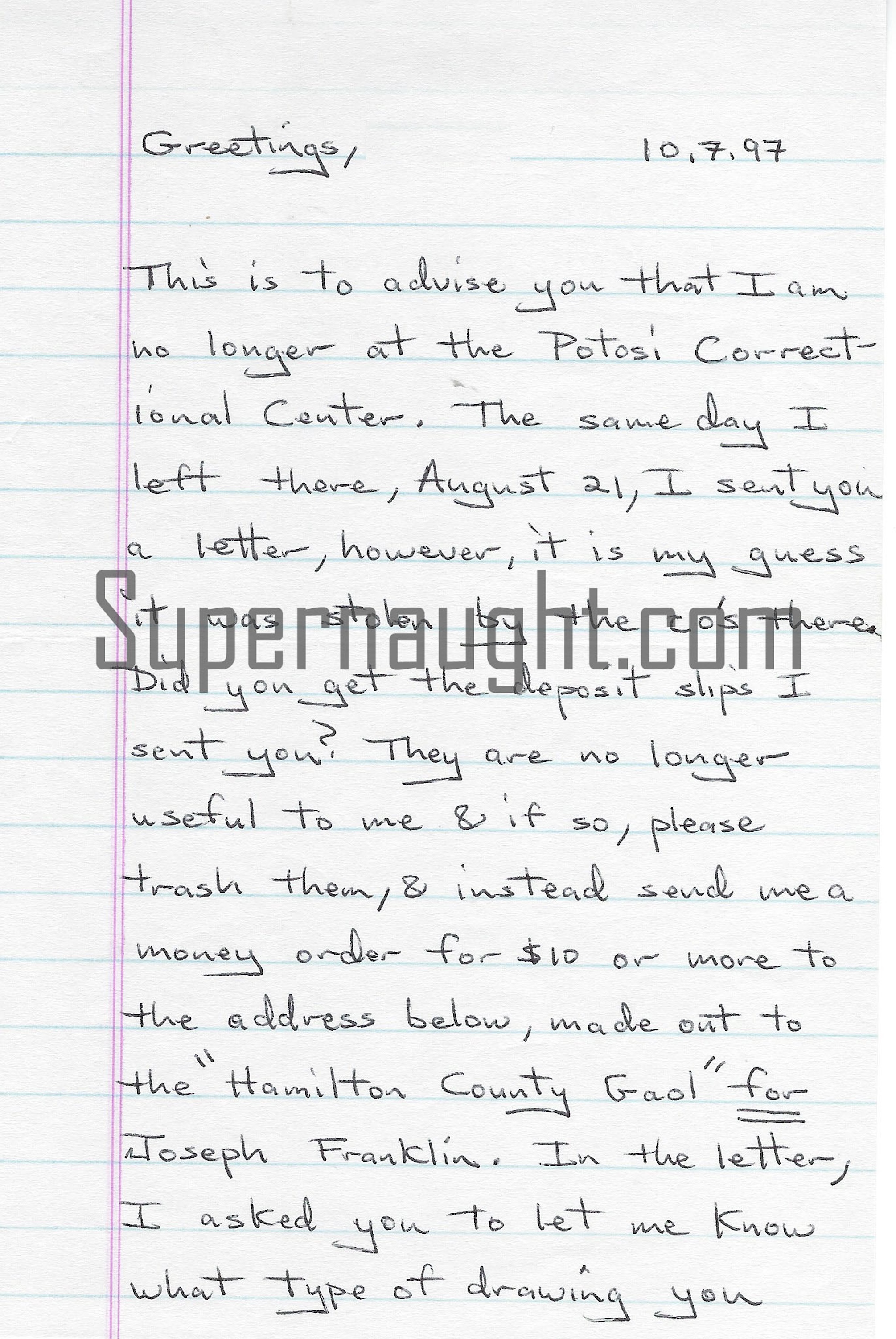 Joseph Paul Franklin Three Page Letter Signed