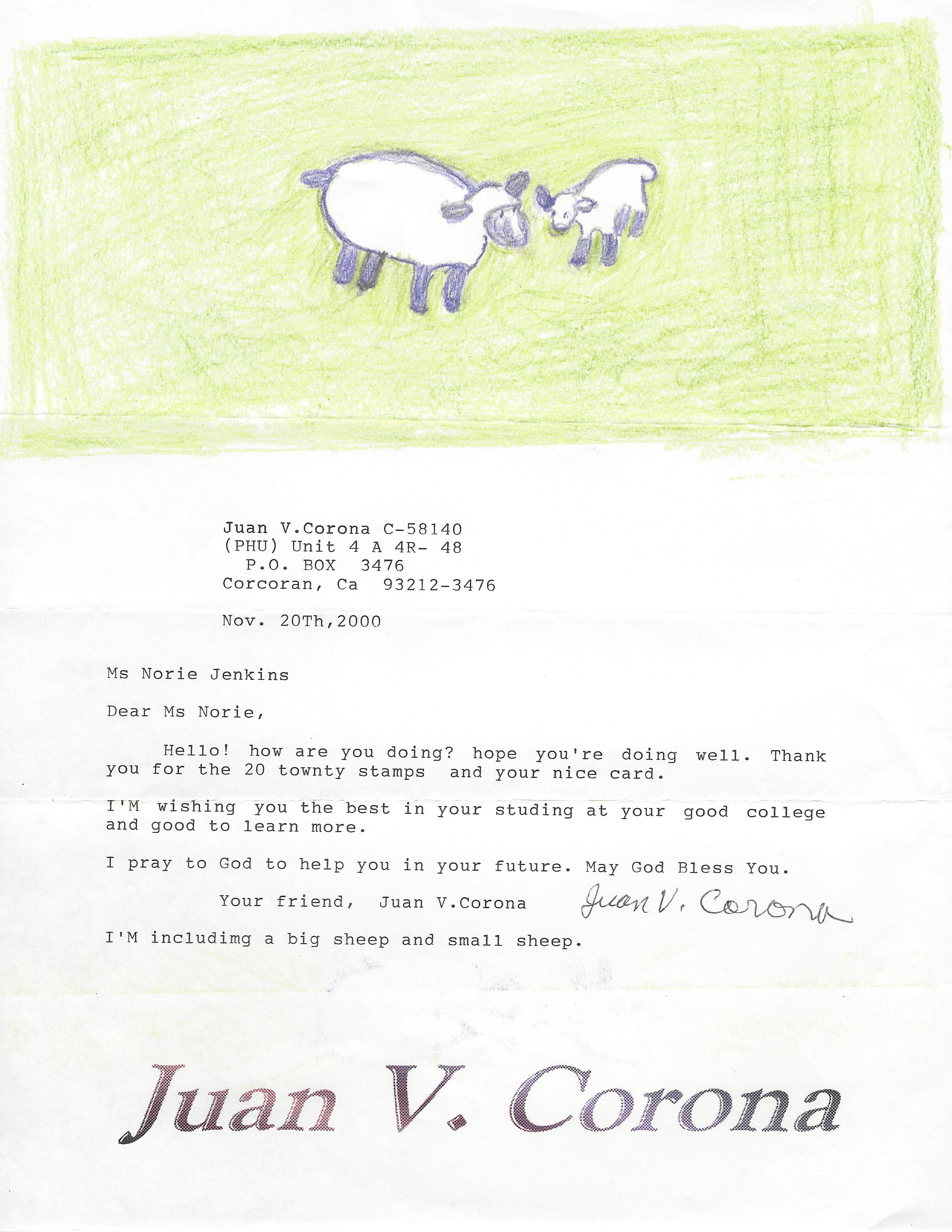 Juan Corona Letter with Artwork Signed and Envelope